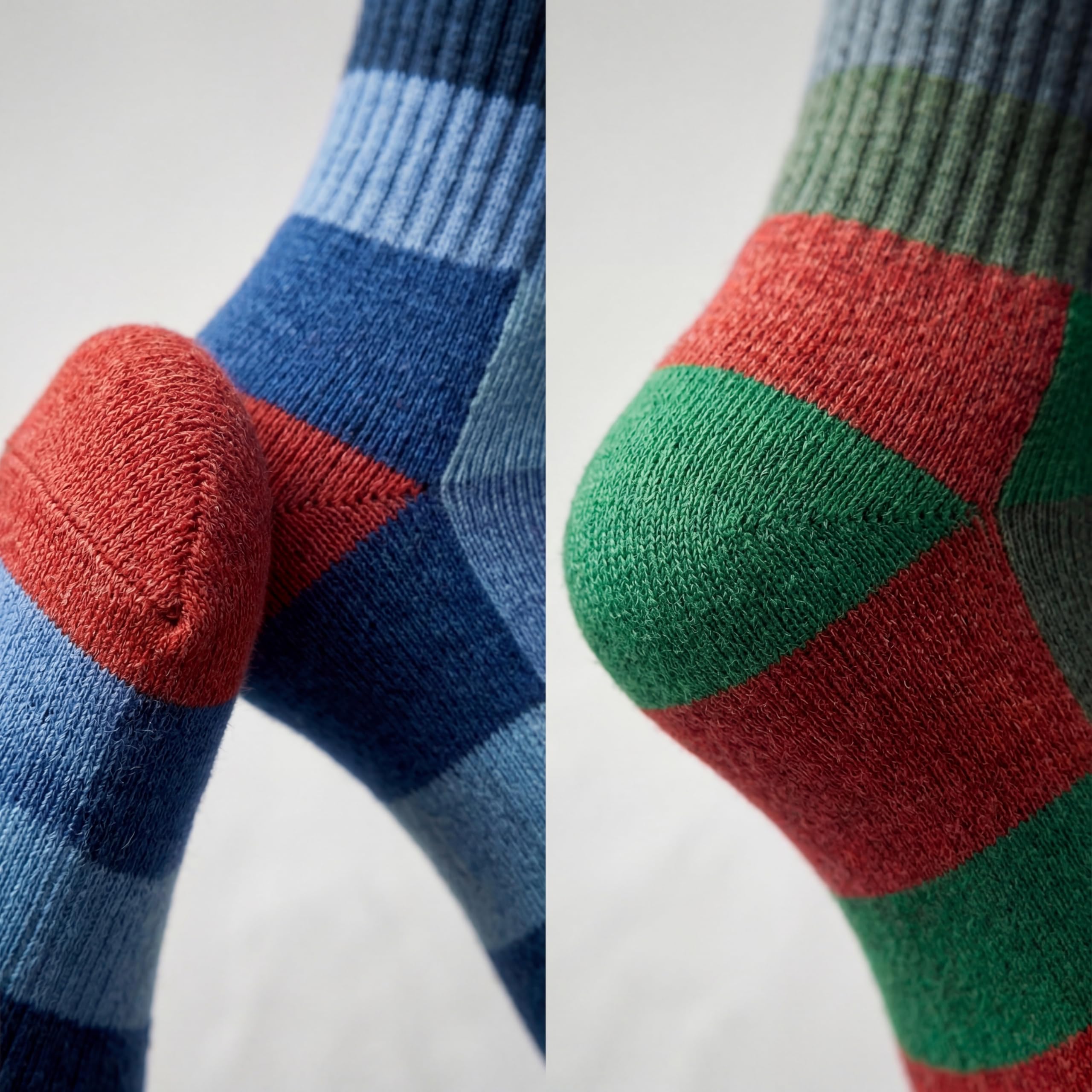 Close-up of a striped knit sock shown in two views on a white background, featuring blocks of blue, red, and green.