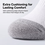 Close-up of a white and gray knit sock with text reading 'Extra Cushioning for Lasting Comfort' and 'Soft cushioning helps absorb impact and reduce foot fatigue all day.'.