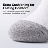 Close-up of a white and gray knit sock with text reading 'Extra Cushioning for Lasting Comfort' and 'Soft cushioning helps absorb impact and reduce foot fatigue all day.'.