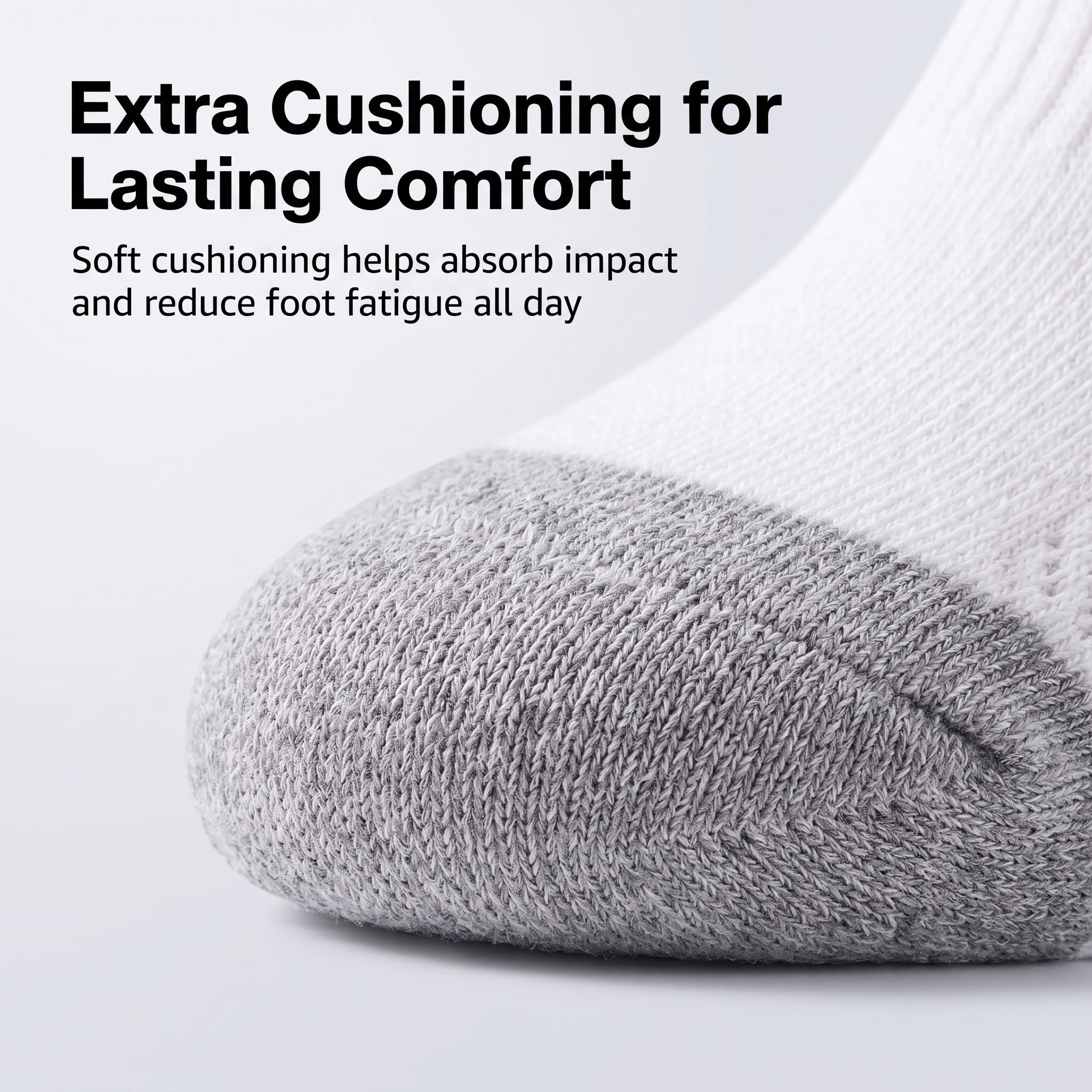 Close-up of a white and gray knit sock with text reading 'Extra Cushioning for Lasting Comfort' and 'Soft cushioning helps absorb impact and reduce foot fatigue all day.'.