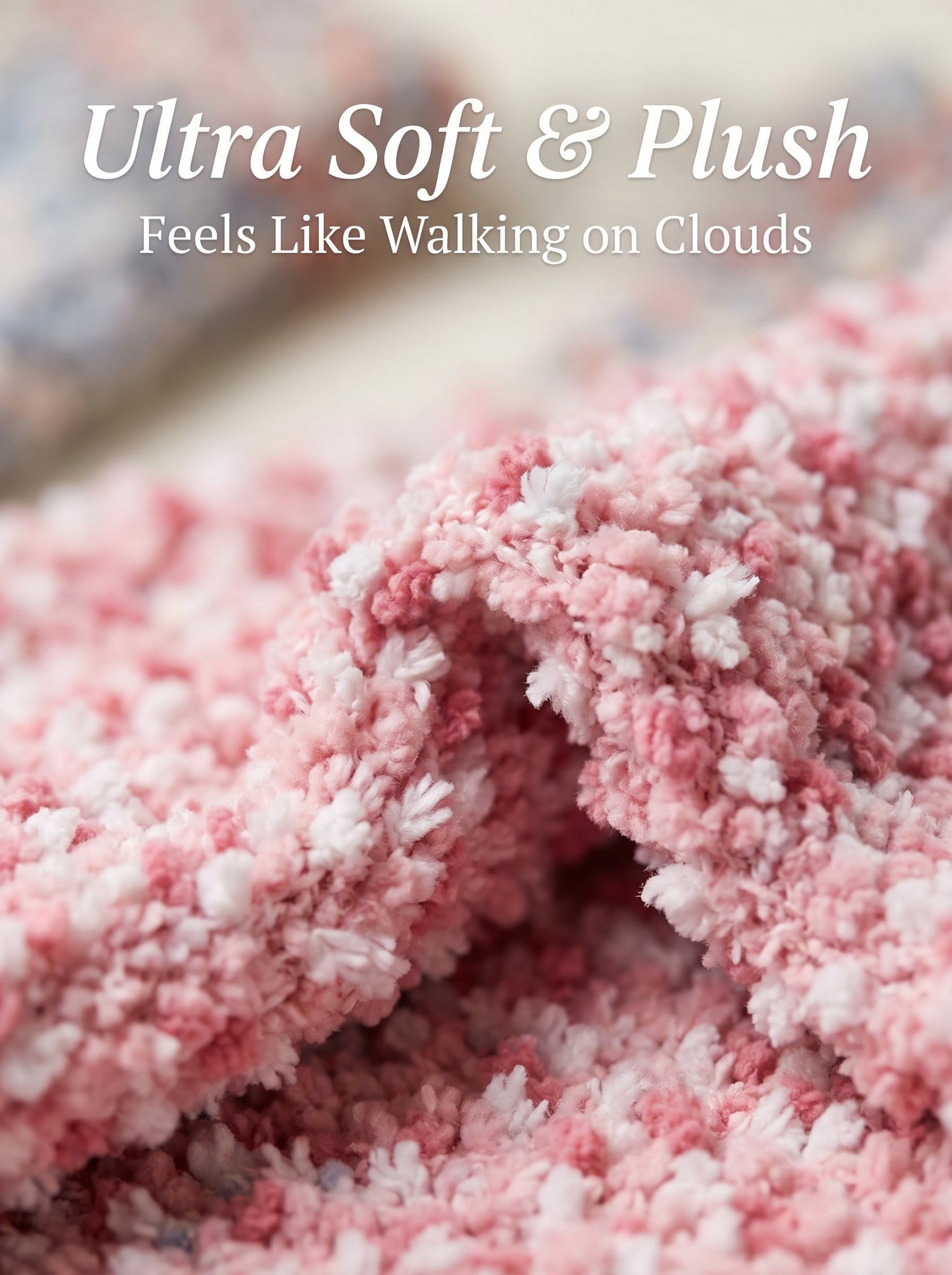 Close-up of pink and white fluffy fabric with text 'Ultra Soft & Plush Feels Like Walking on Clouds'.