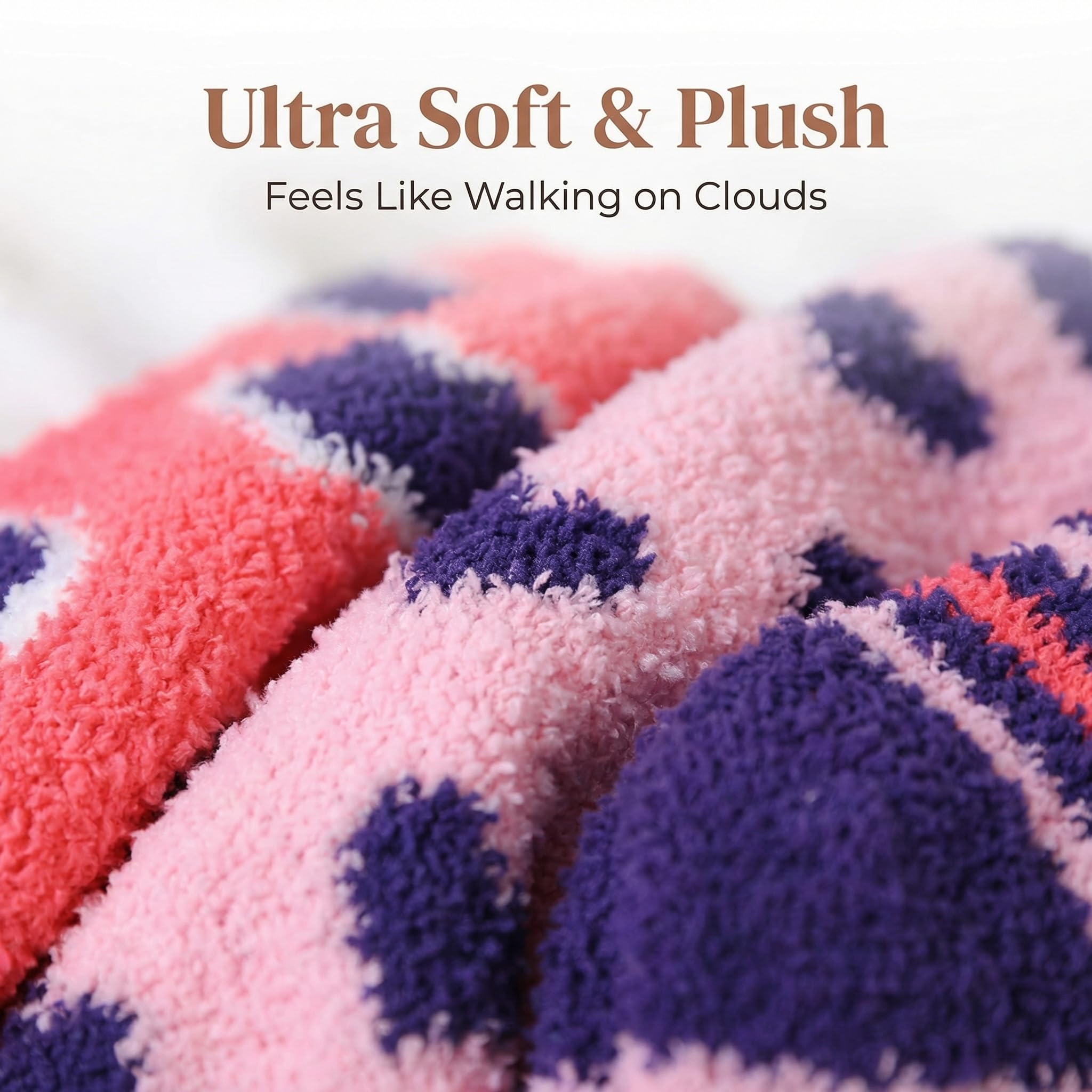 Close-up of plush fuzzy fabric in pink, coral, and purple with overlaid text reading 'Ultra Soft & Plush' and 'Feels Like Walking on Clouds'.