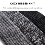 Close-up of ribbed knit fabric in heather gray and black, with text at the top reading 'COZY RIBBED KNIT' and a descriptive blurb about thick wool-blend fabric.