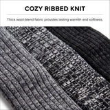 Close-up of ribbed knit fabric in heather gray and black, with text at the top reading 'COZY RIBBED KNIT' and a descriptive blurb about thick wool-blend fabric.