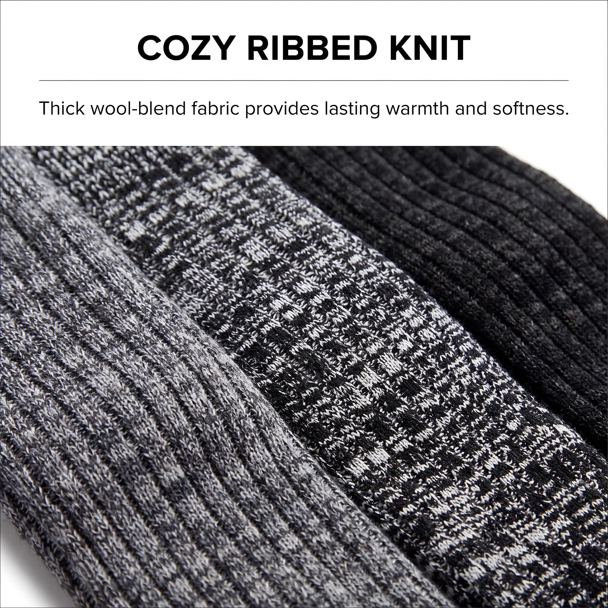 Close-up of ribbed knit fabric in heather gray and black, with text at the top reading 'COZY RIBBED KNIT' and a descriptive blurb about thick wool-blend fabric.