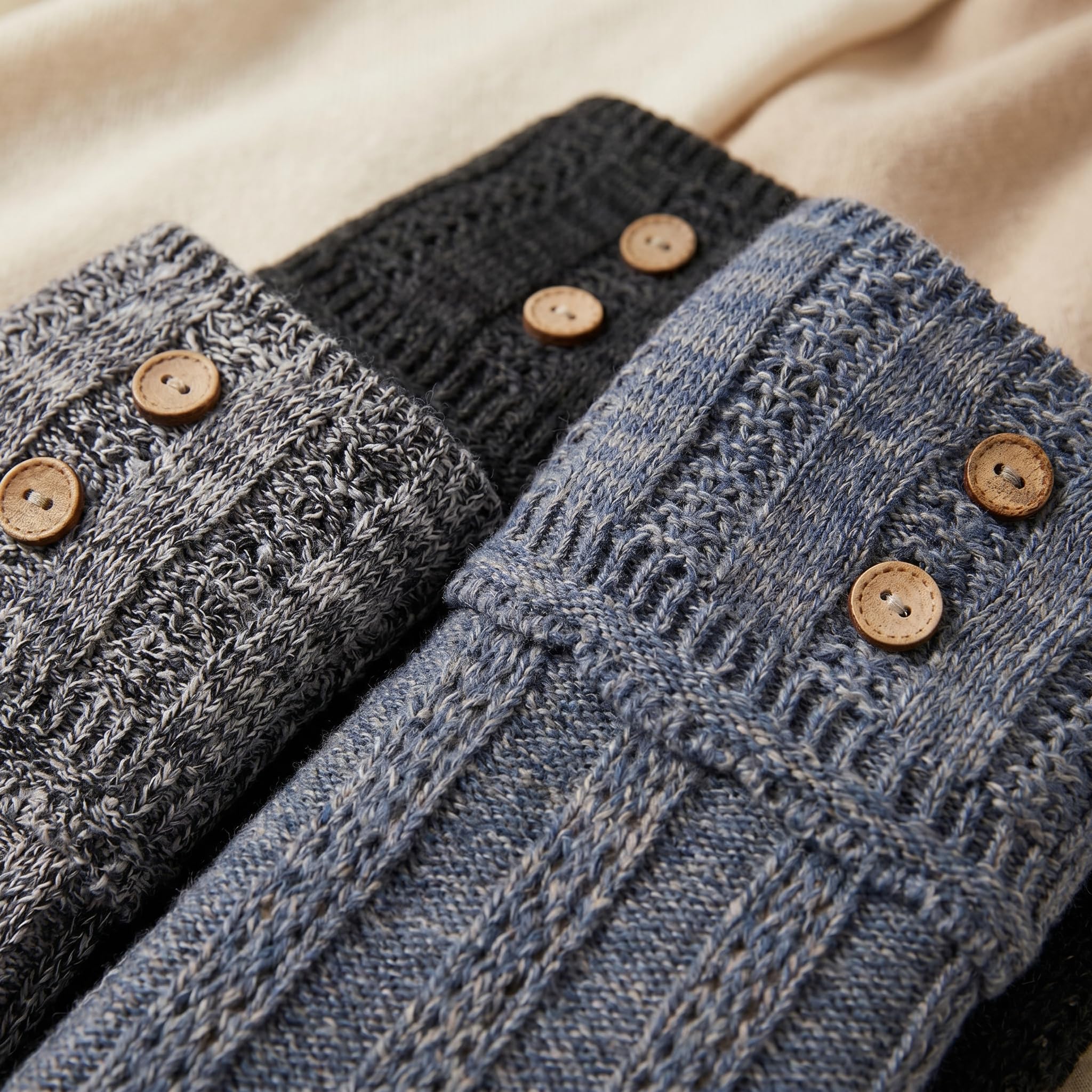 Close-up of two knitted sleeve cuffs in heathered gray and dusty blue, each finished with three round wooden buttons, laid over a soft beige fabric background.