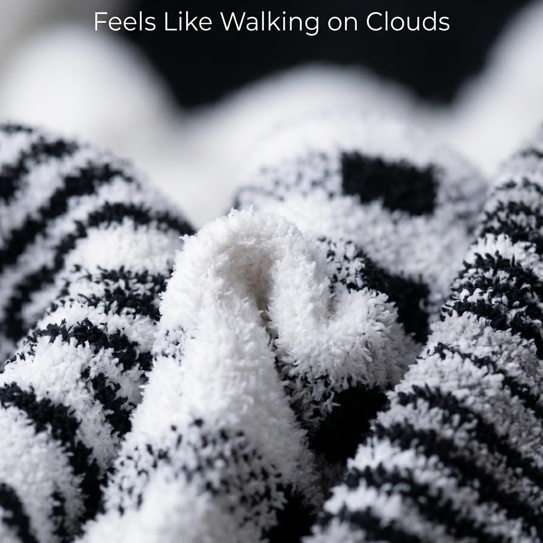 Close-up of zebra-patterned fabric with text 'Ultra Soft & Plush Feels Like Walking on Clouds'.