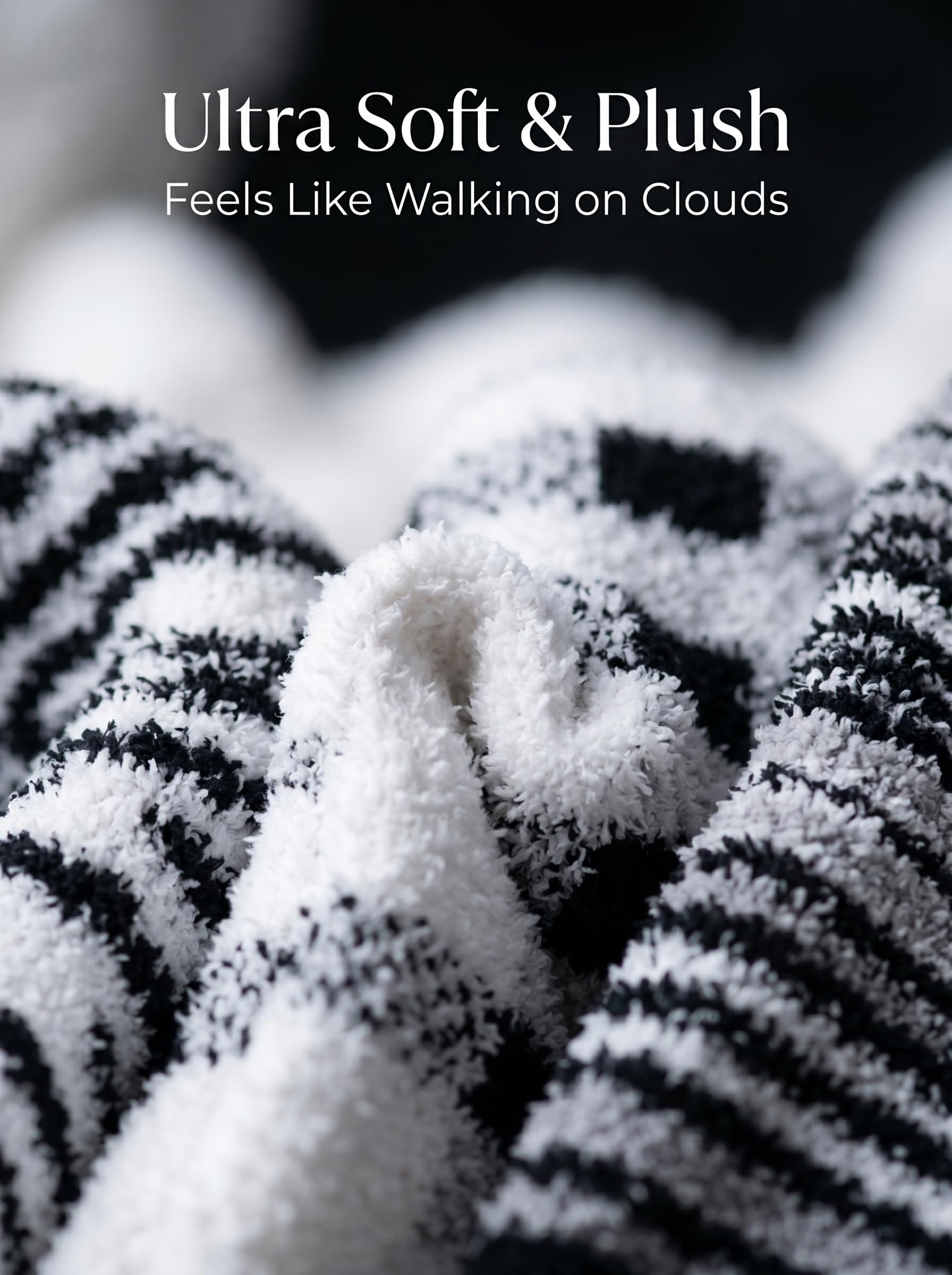 Close-up of zebra-patterned fabric with text 'Ultra Soft & Plush Feels Like Walking on Clouds'.