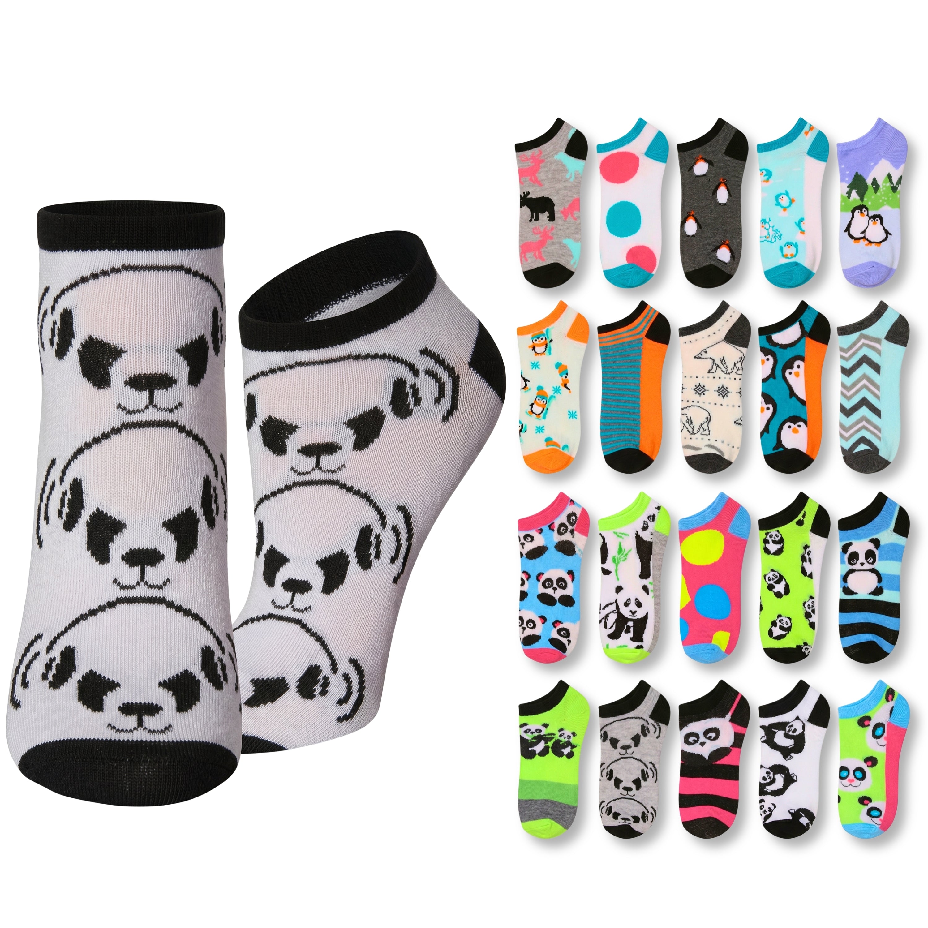 Collection of colorful socks with various designs on a white background
