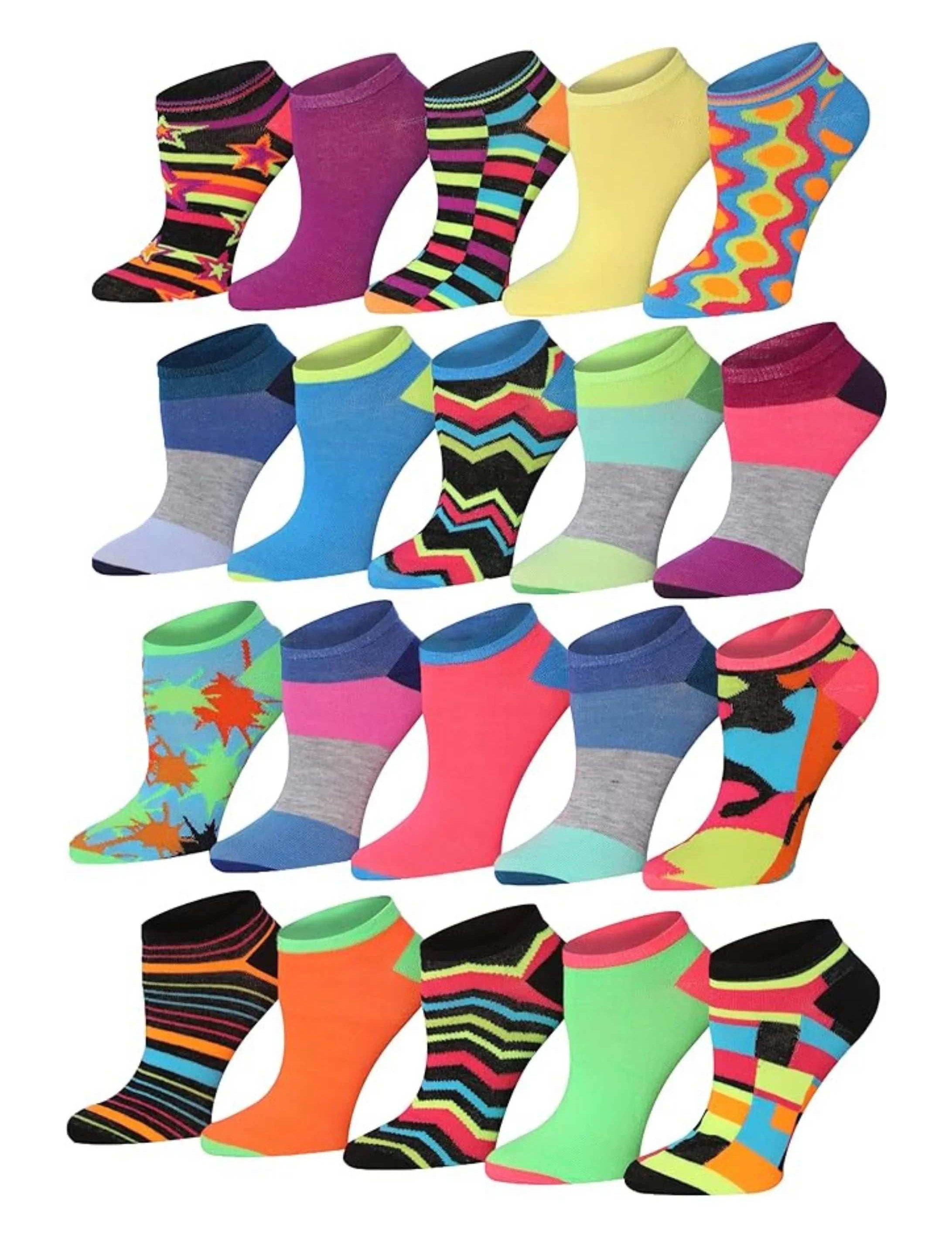  Women's 20 Pairs Colorful Vibrant Stripes Zigzag PaintSplash Geometric Patterned Low Cut/No Show Socks -  Socks