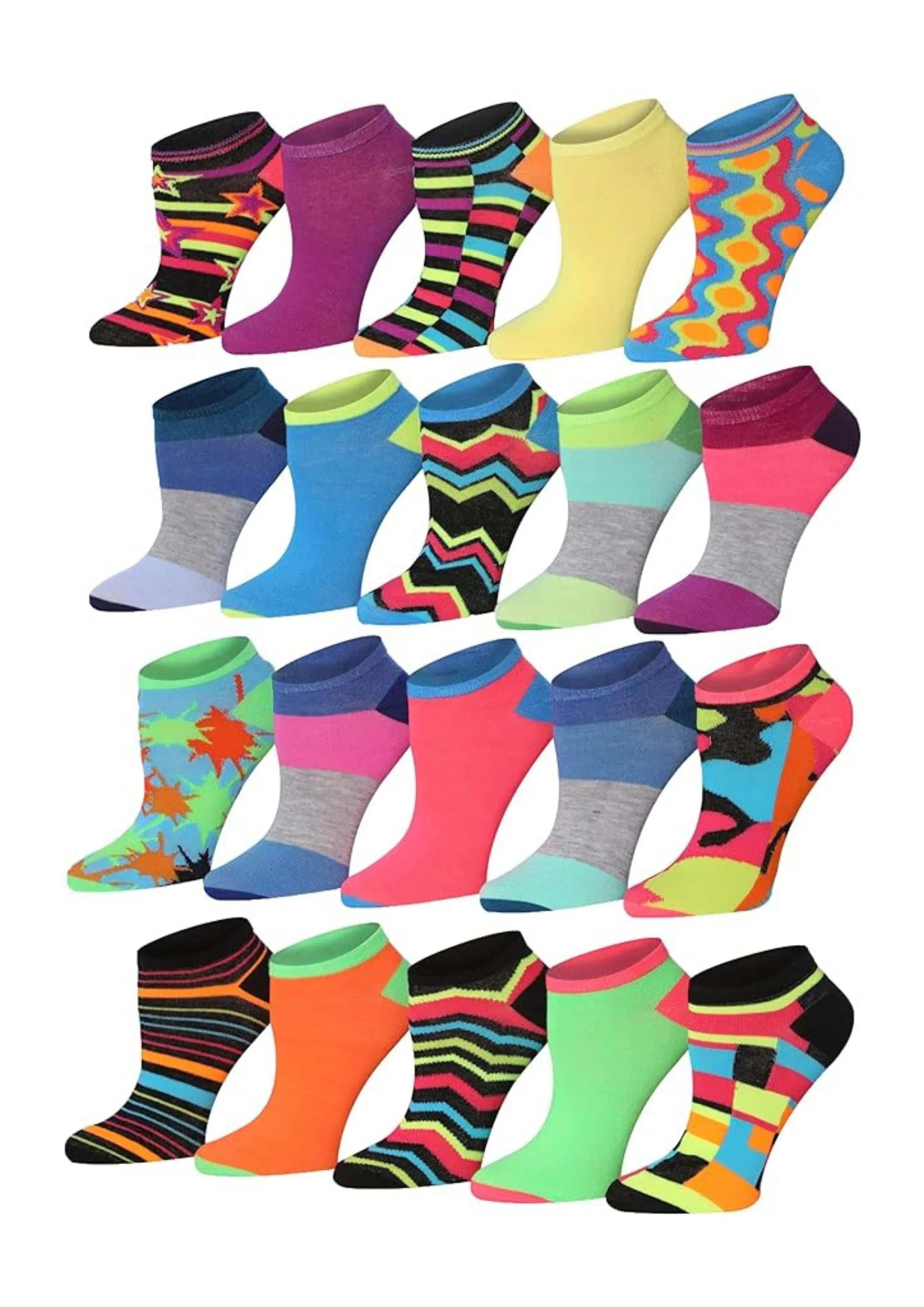  Women's 20 Pairs Colorful Vibrant Stripes Zigzag PaintSplash Geometric Patterned Low Cut/No Show Socks -  Socks