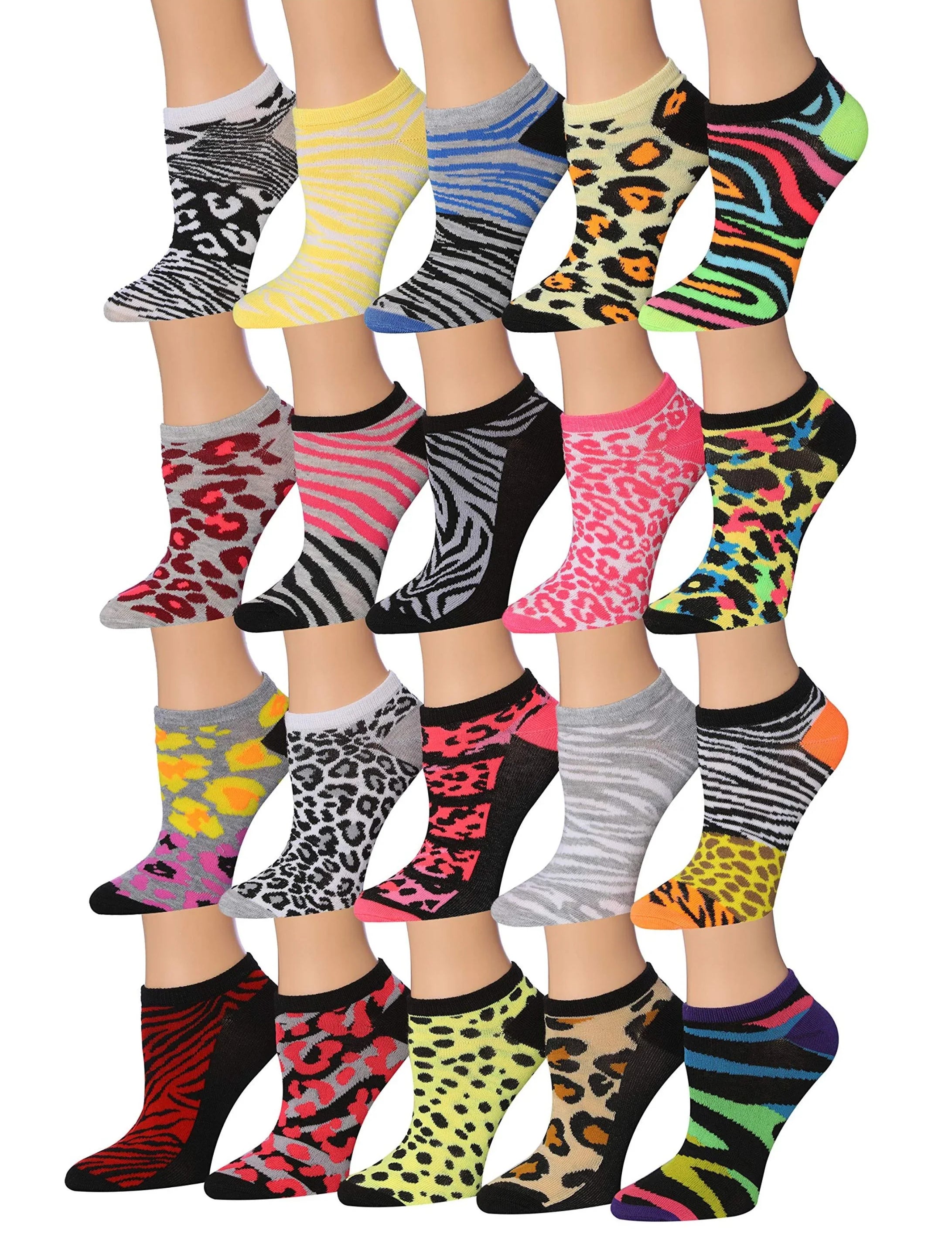 Women's 20 Pairs Multi-Color Grey White Yellow Black Wild Safari No-Show Socks - Socks