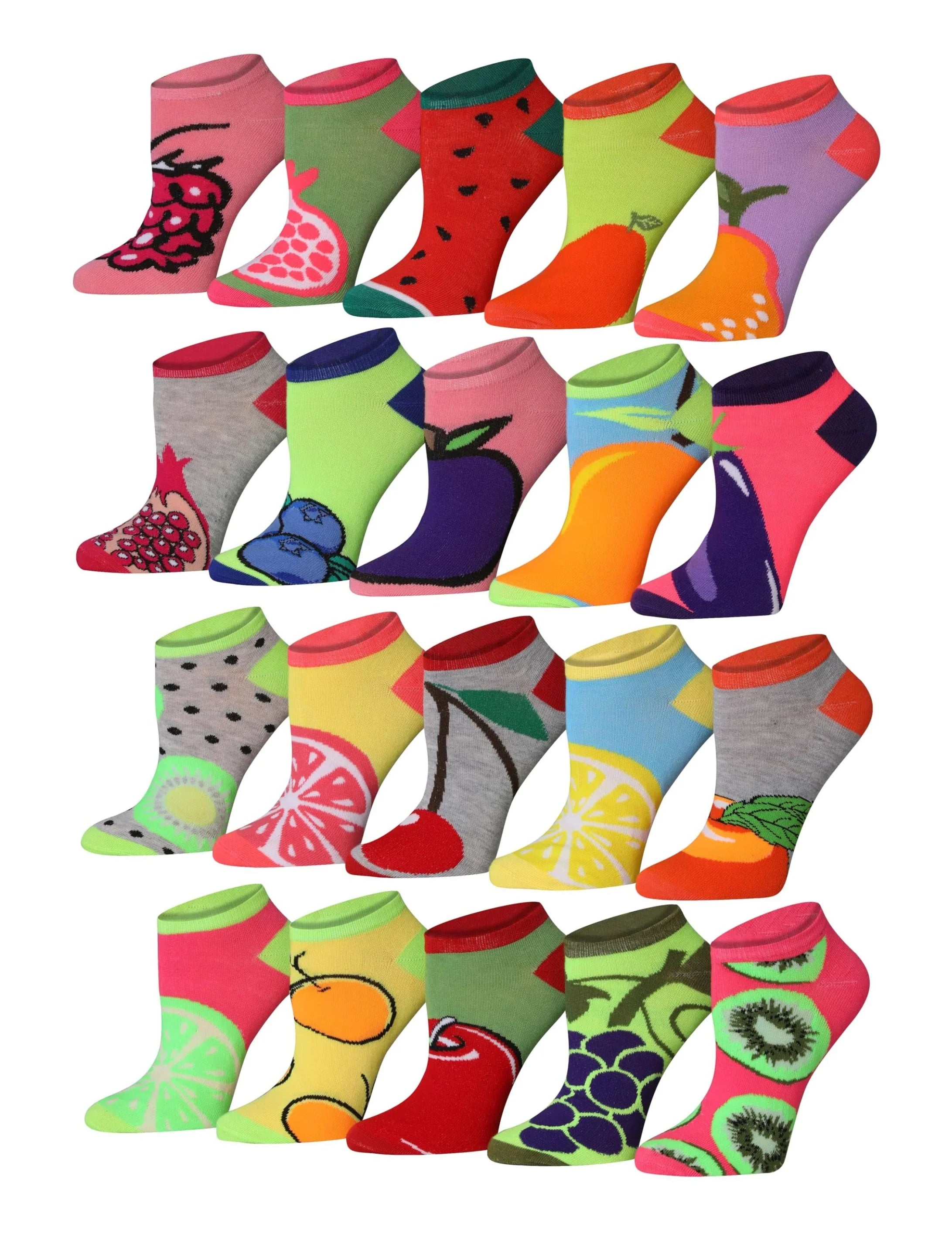 Women's 20 Pairs Pink Lime Colored Juicy Fruit Tropical Patterned Low Cut/No Show Socks, - Socks