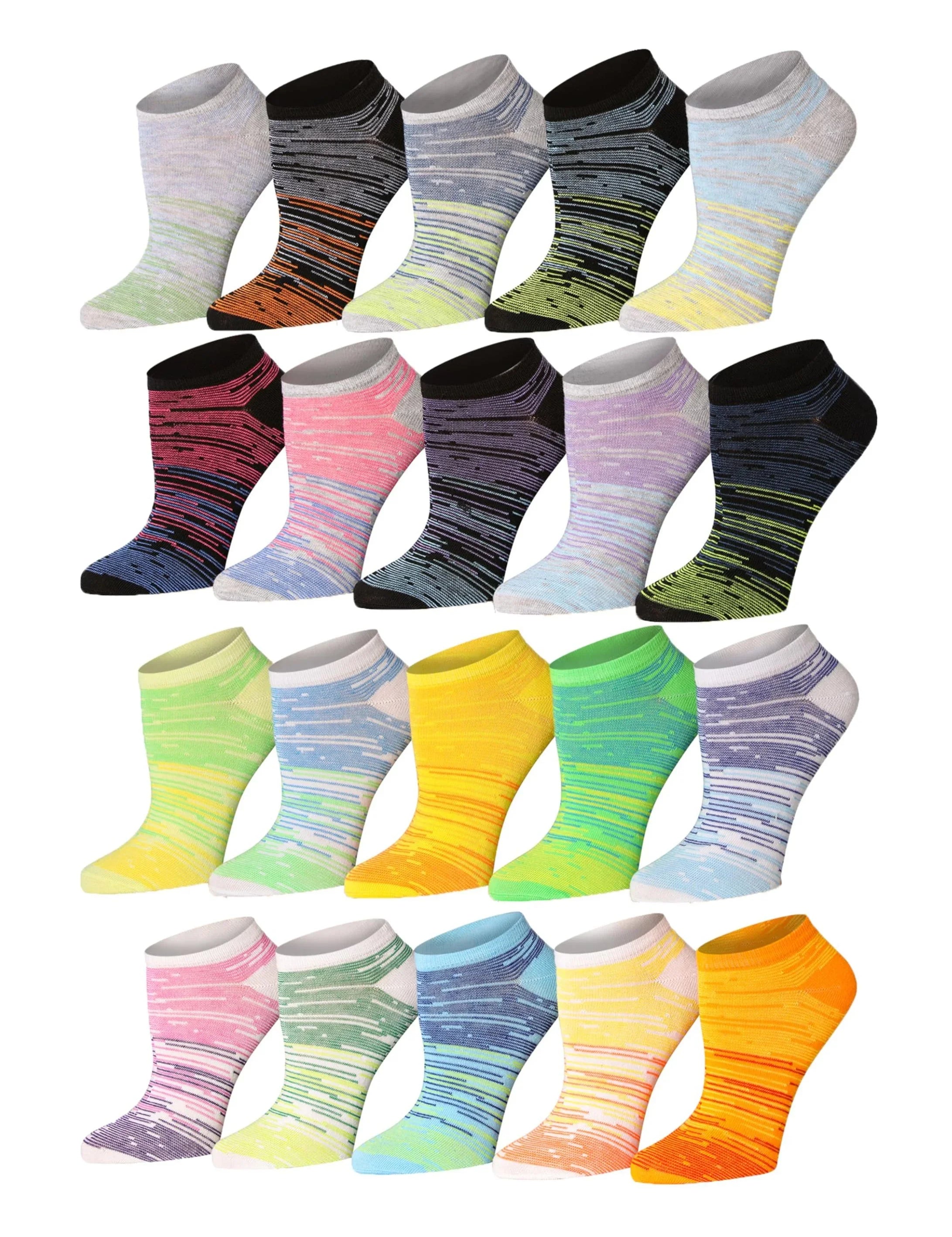  Women's 20 Pairs Bright Colored Contrasted Ministripes Patterned Low Cut/No Show Socks -  Socks