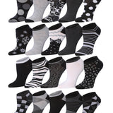 Tipi Toe Women's 20 Pairs Black White Animal Snowflakes Striped Geometric Patterned Low Cut/No Show Socks