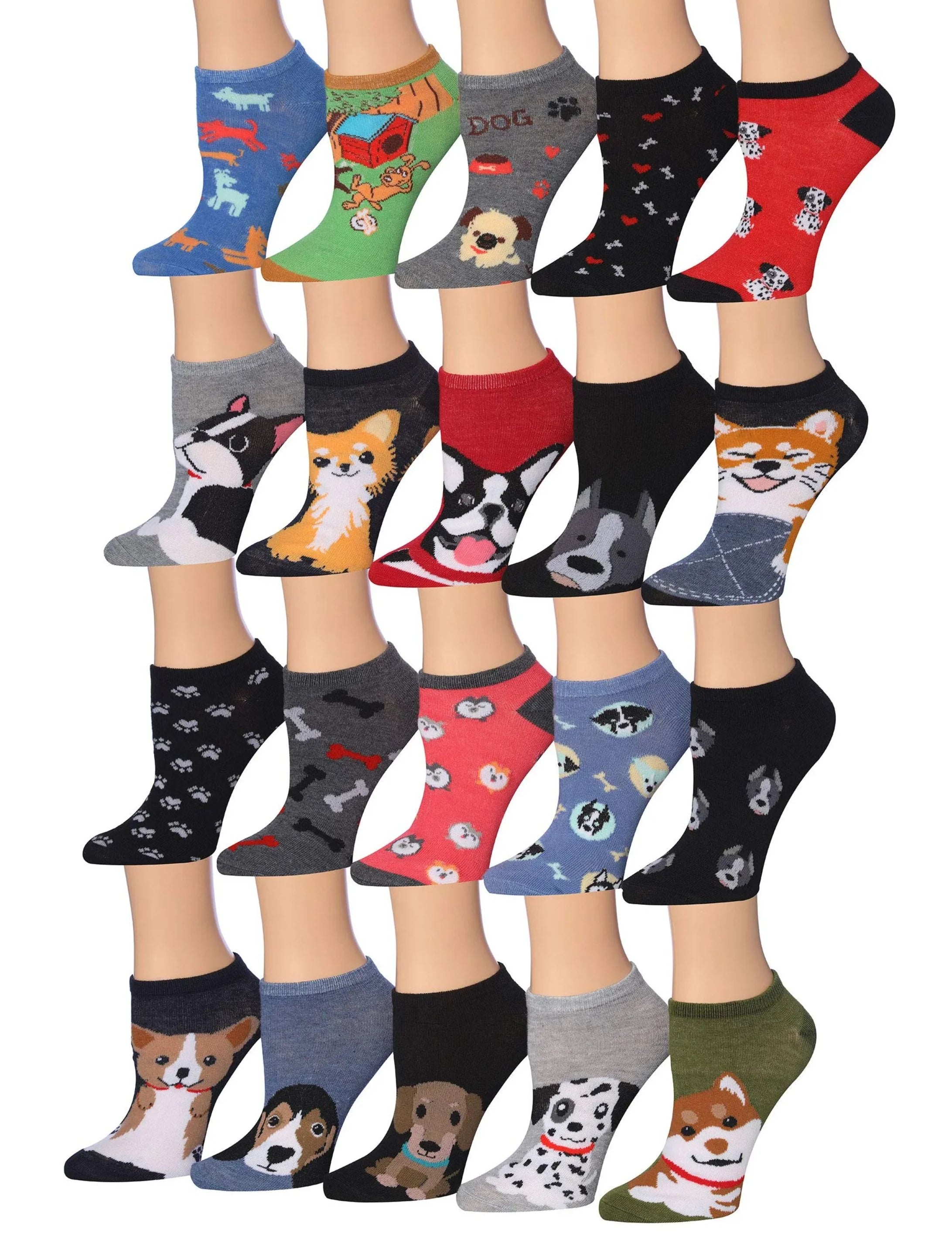 Tipi Toe Women's 20 Pairs Colorful Life Style Dog Patterned Low Cut/No Show Socks - Tipi Toe Socks