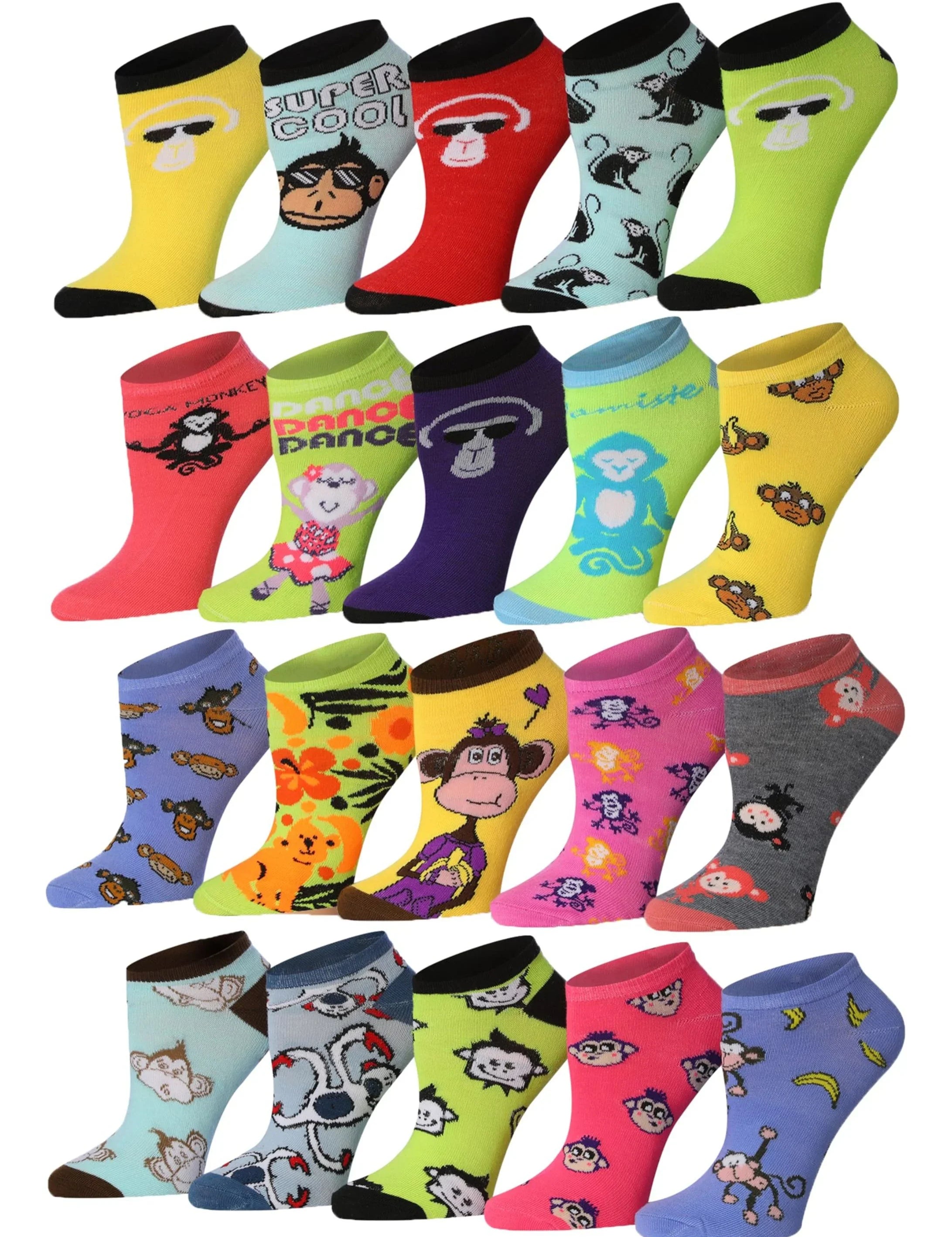  Women's 20 pairs Jungle Jamboree Colorful Vibrant Monkey-themed Ankle/No Show Socks -  Socks