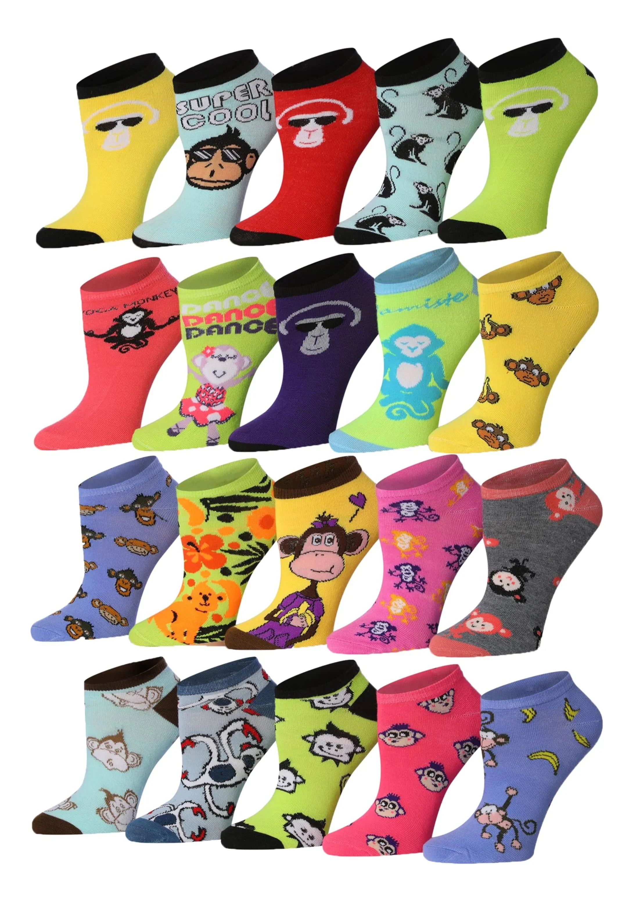  Women's 20 pairs Jungle Jamboree Colorful Vibrant Monkey-themed Ankle/No Show Socks -  Socks