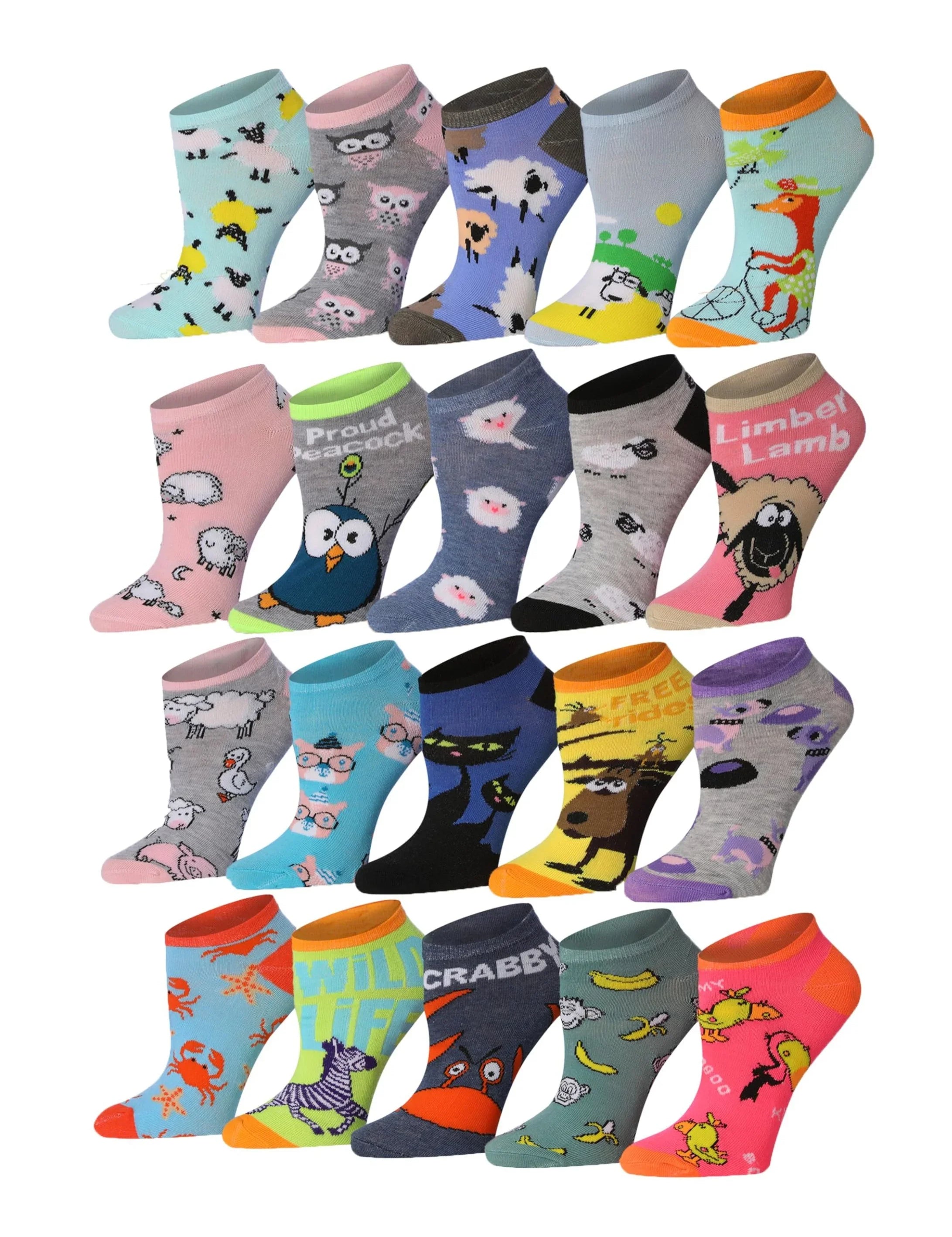 Women's 20 pairs Stylish Fashionable Vibrant Multicolored Shades with Cat Cartoon Patterns No Show/Ankle Socks - Socks