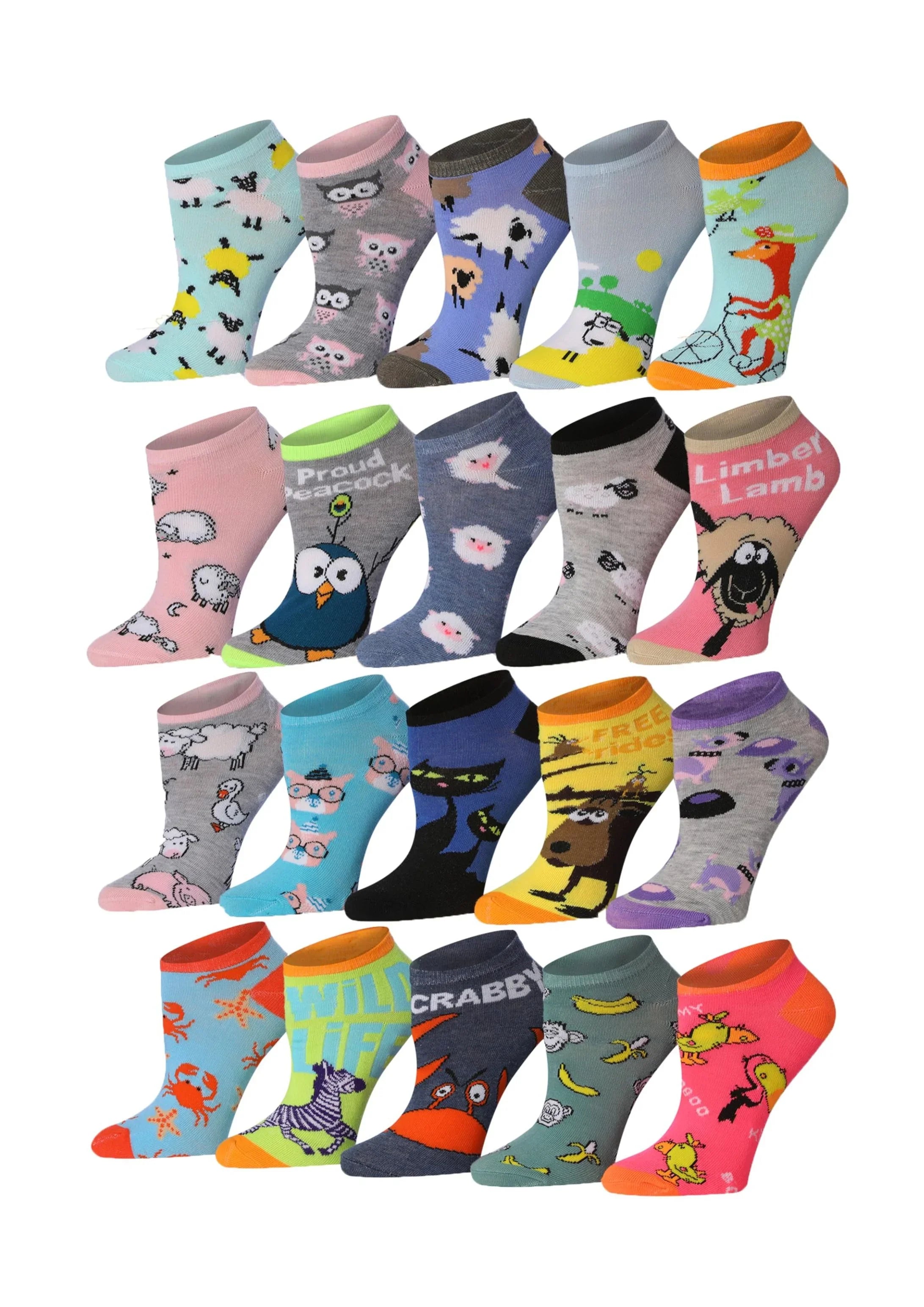 Women's 20 pairs Stylish Fashionable Vibrant Multicolored Shades with Cat Cartoon Patterns No Show/Ankle Socks - Socks
