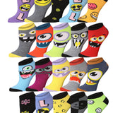 Tipi Toe Women's 20 Pairs Charming Smiling Beasts Grey Green Violet Monster Faces Low Cut/No Show Socks