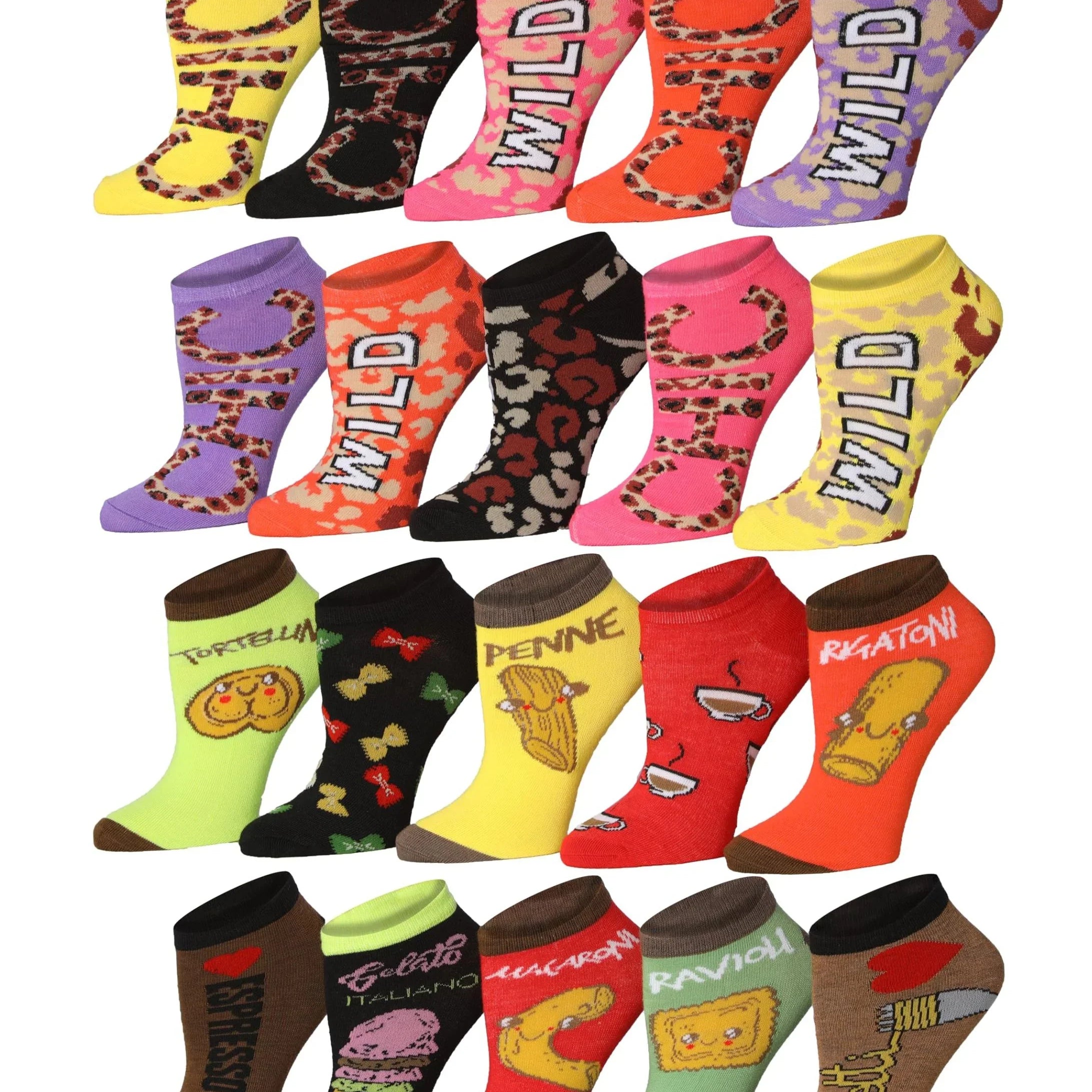  Women's 20 Pairs Colorful Expressions WILD & CHIC Palette of Red Yellow Violet Black Pink Low Cut/No Show Socks -  Socks