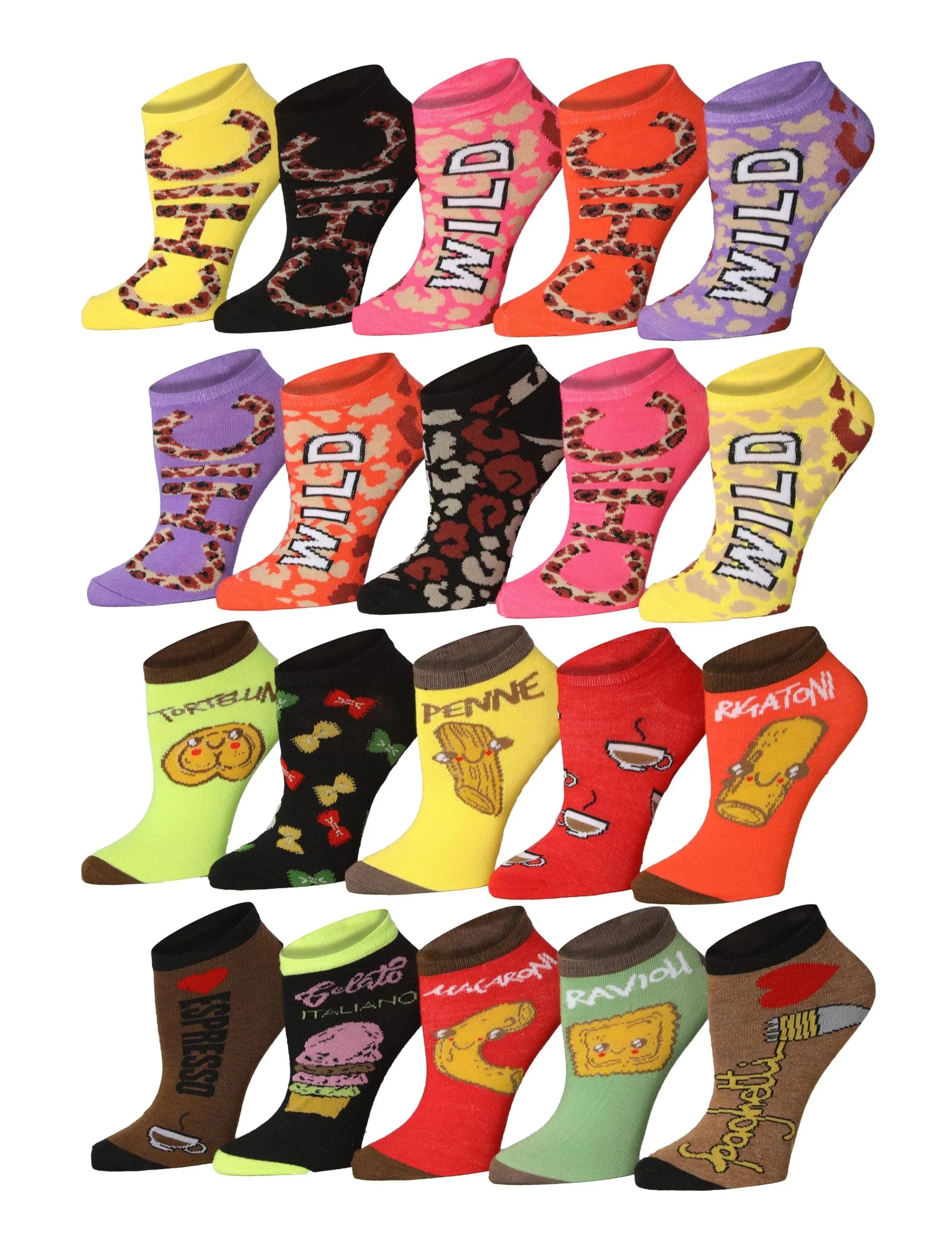  Women's 20 Pairs Colorful Expressions WILD & CHIC Palette of Red Yellow Violet Black Pink Low Cut/No Show Socks -  Socks