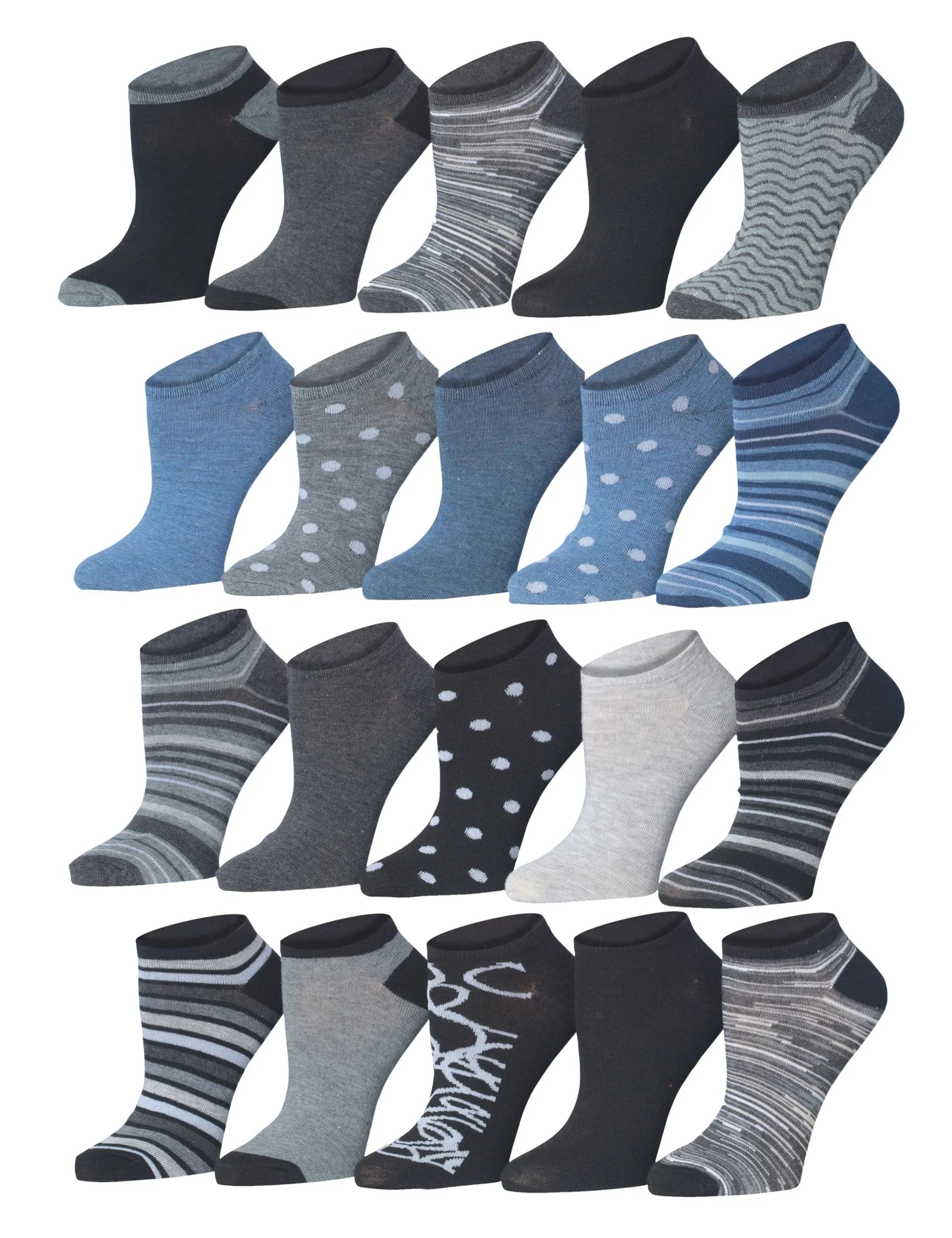 Tipi Toe Women's 20 Pairs Dark Colored Striped Dotted Circles Patterned Low Cut/No Show Socks - Tipi Toe Socks