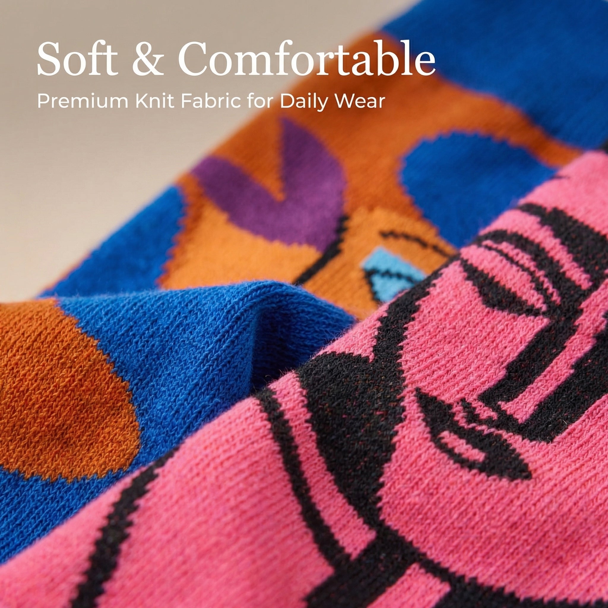 Colorful knit fabric with abstract patterns and text 'Soft & Comfortable Premium Knit Fabric for Daily Wear'.