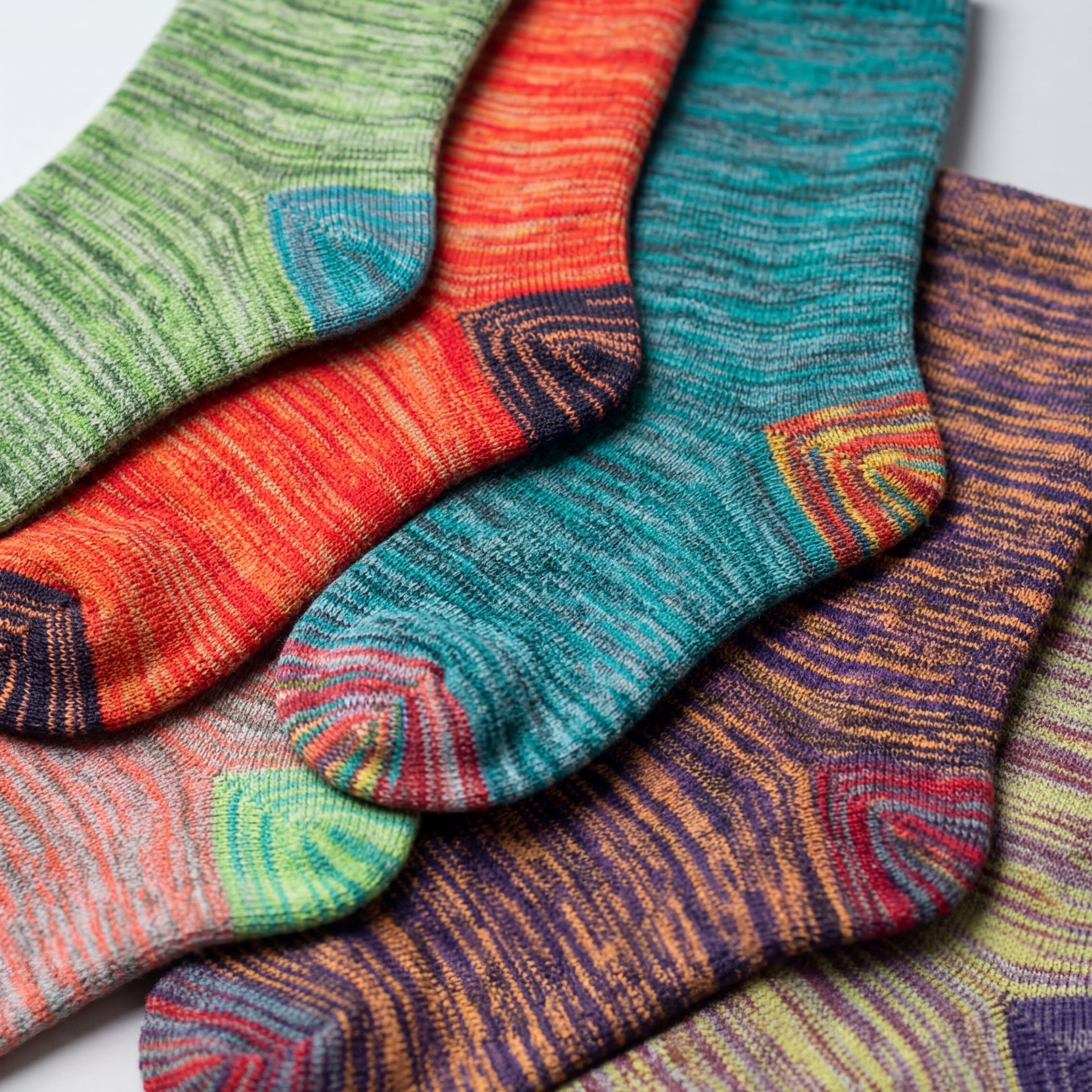 Colorful patterned socks arranged in a row on a light background