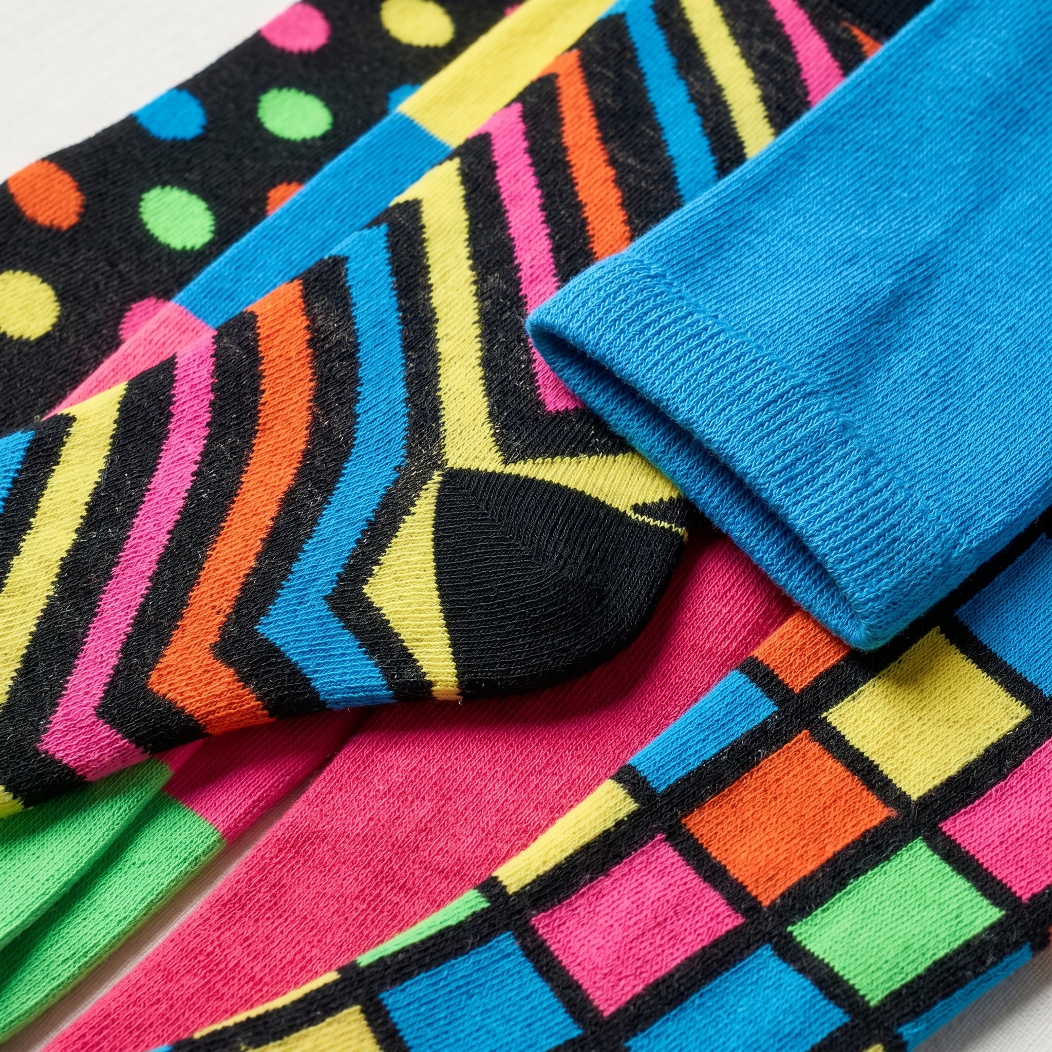 Colorful patterned socks on a white background