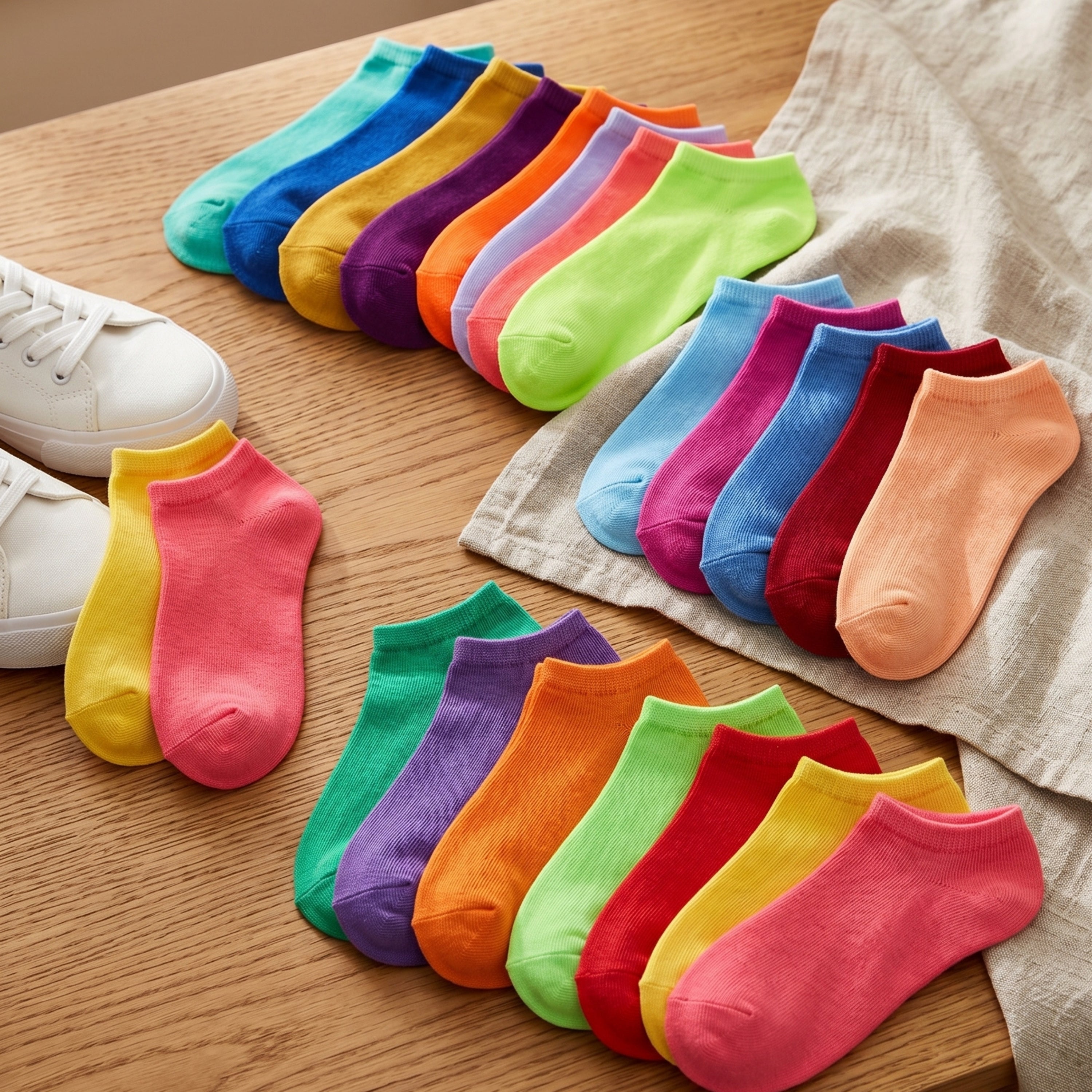Colorful socks arranged on a wooden surface with a white shoe.