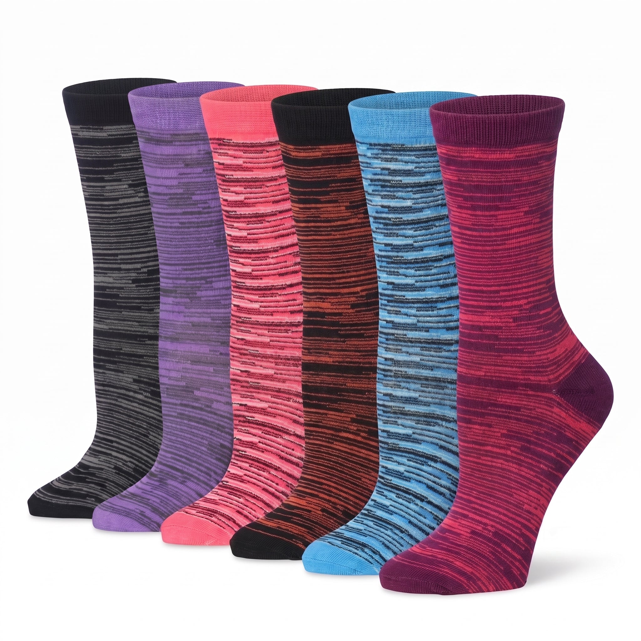 Six pairs of crew socks arranged in a row on a white background, featuring a marled stripe pattern in black, gray, purple, pink, red, orange, blue, and magenta.