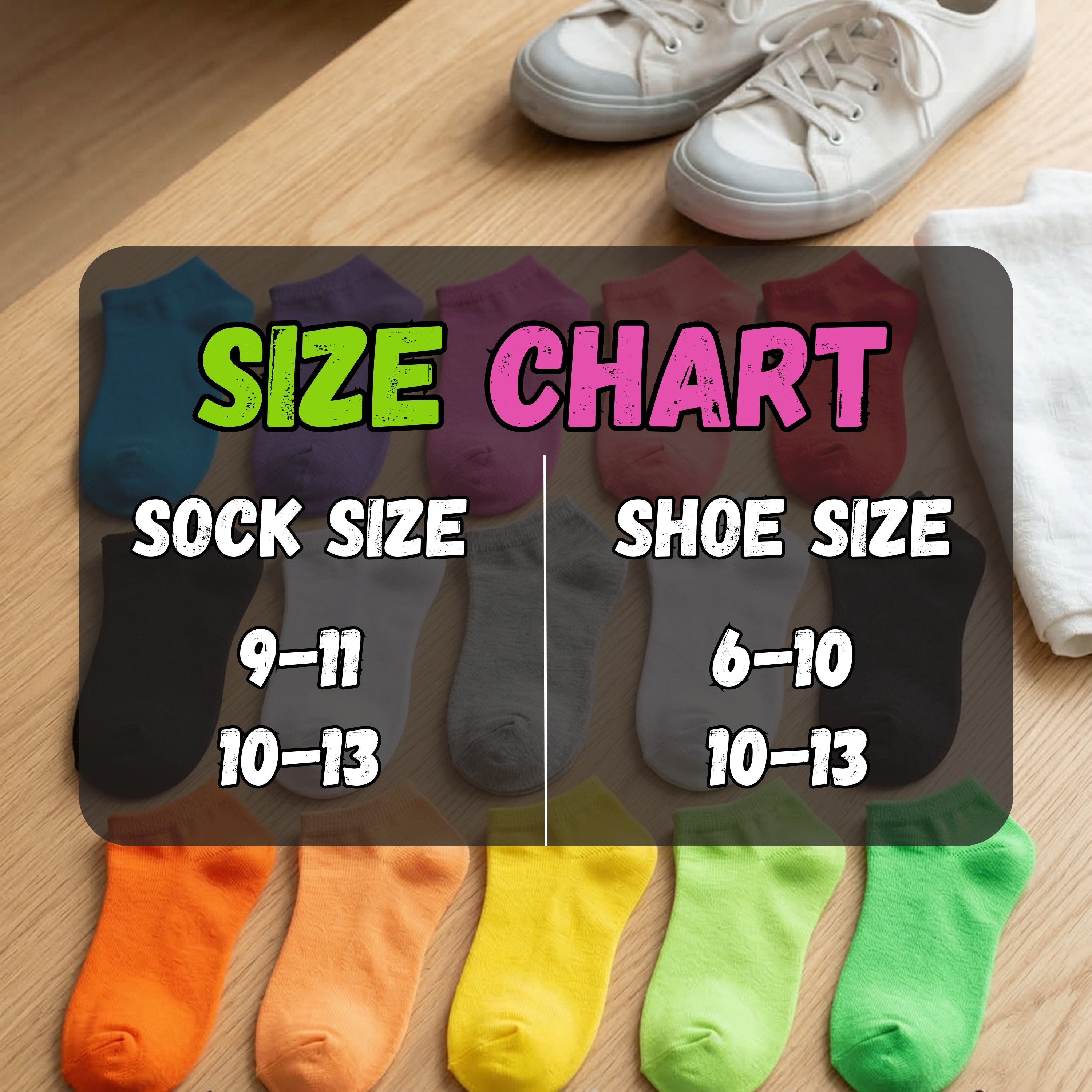 Colorful socks with a size chart showing sock and shoe size correspondences on a wooden surface.