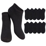 A pack of black low-cut no-show socks, featuring a pair displayed upright on the left and nine additional pairs arranged in two rows on the right, against a plain white background.