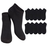 A pack of black low-cut no-show socks, featuring a pair displayed upright on the left and nine additional pairs arranged in two rows on the right, against a plain white background.