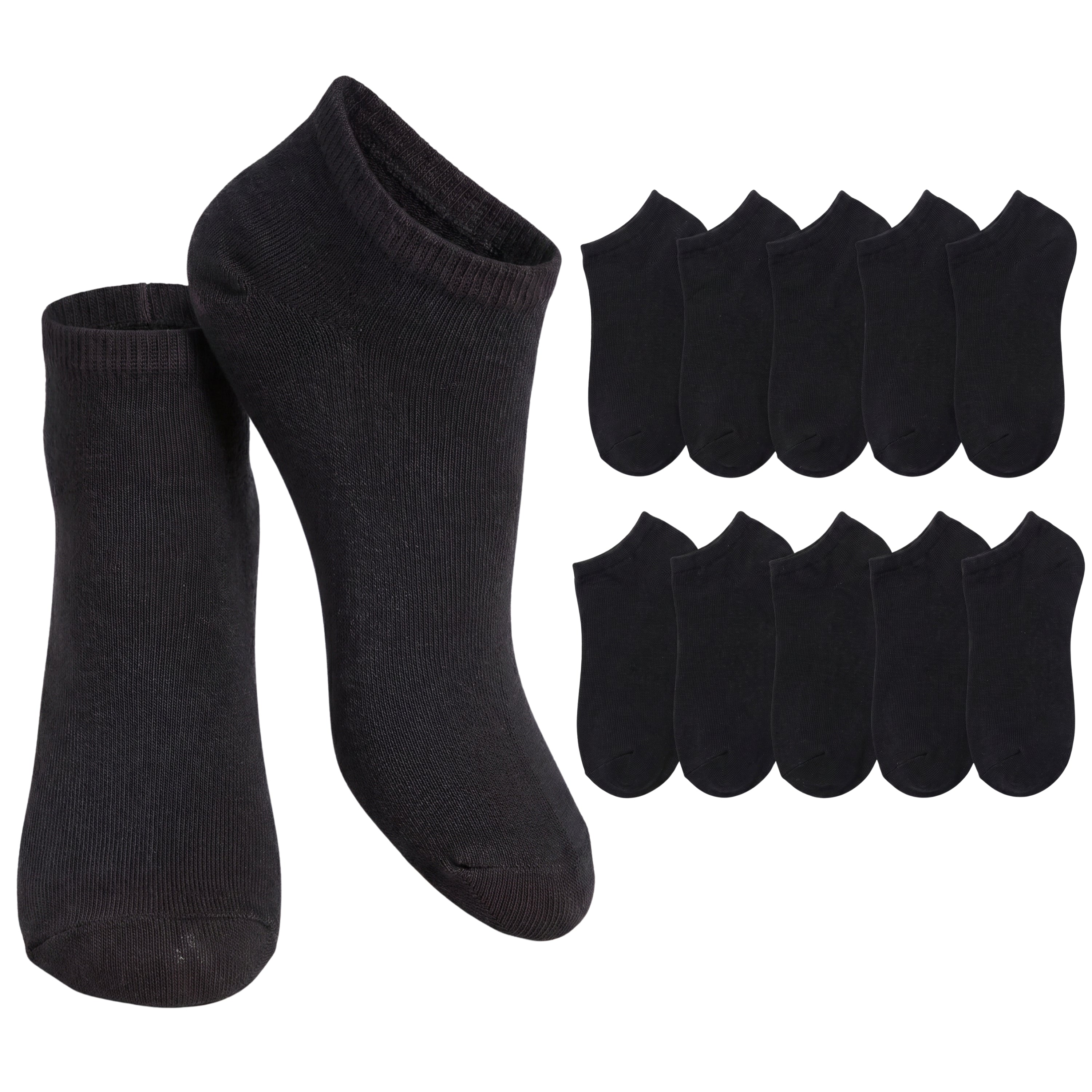 A pack of black low-cut no-show socks, featuring a pair displayed upright on the left and nine additional pairs arranged in two rows on the right, against a plain white background.