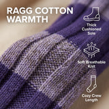 Close-up of a ribbed knit sock in purple and taupe-gray tones with overlaid text reading 'RAGG COTTON WARMTH' and feature callouts for a thick cushioned sole, soft breathable knit, and cozy crew length.