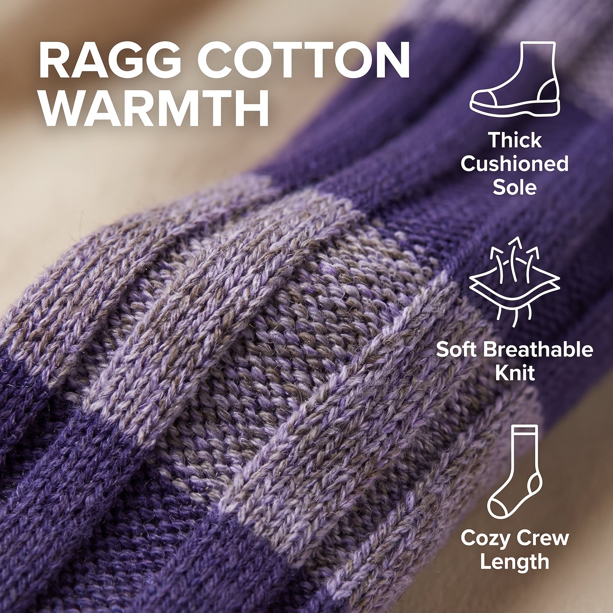 Close-up of a ribbed knit sock in purple and taupe-gray tones with overlaid text reading 'RAGG COTTON WARMTH' and feature callouts for a thick cushioned sole, soft breathable knit, and cozy crew length.