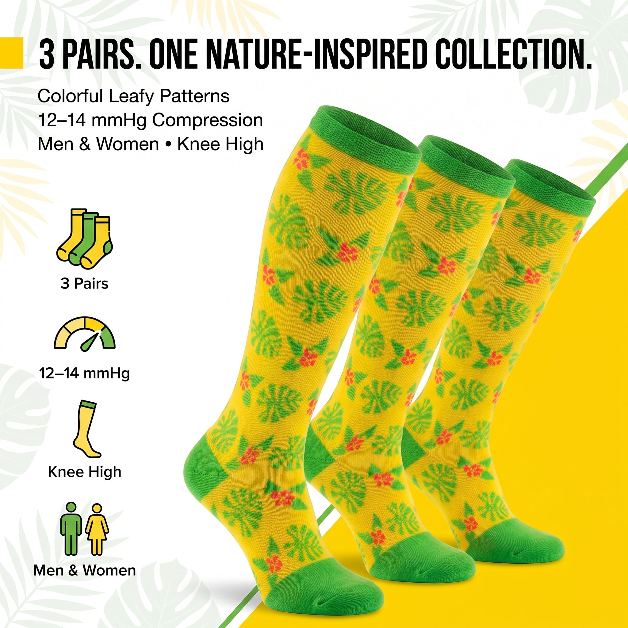 Three pairs of knee-high socks with a bright yellow body and green cuffs, heels, and toes, decorated with a green leaf and small orange flower pattern. The image includes marketing text and icons highlighting features like 12-14 mmHg compression and men and women sizing.