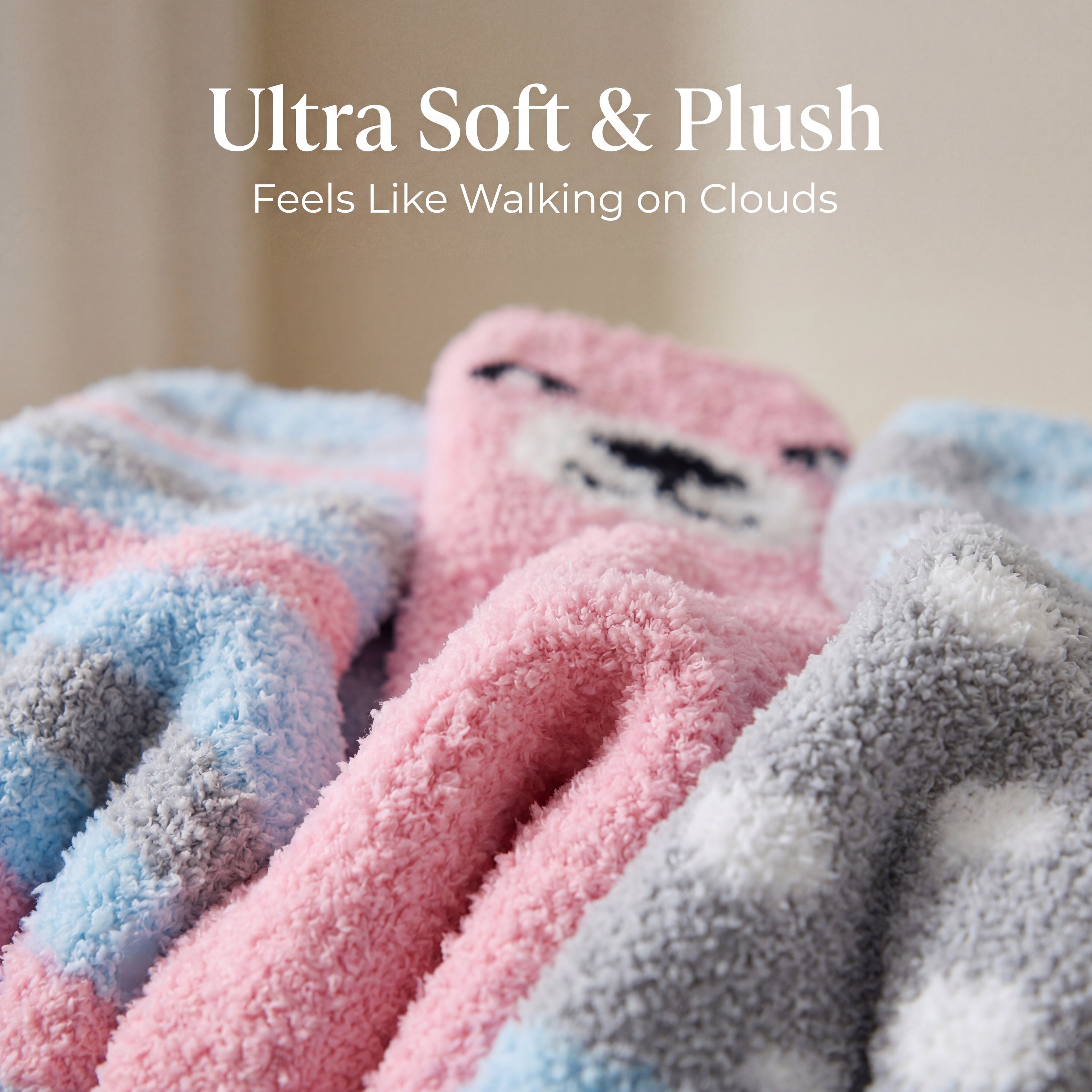 Ultra soft and plush socks with text 'Ultra Soft & Plush Feels Like Walking on Clouds' on a neutral background.