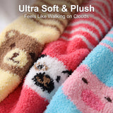 Colorful plush socks with text 'Ultra Soft & Plush Feels Like Walking on Clouds' on a blurred background