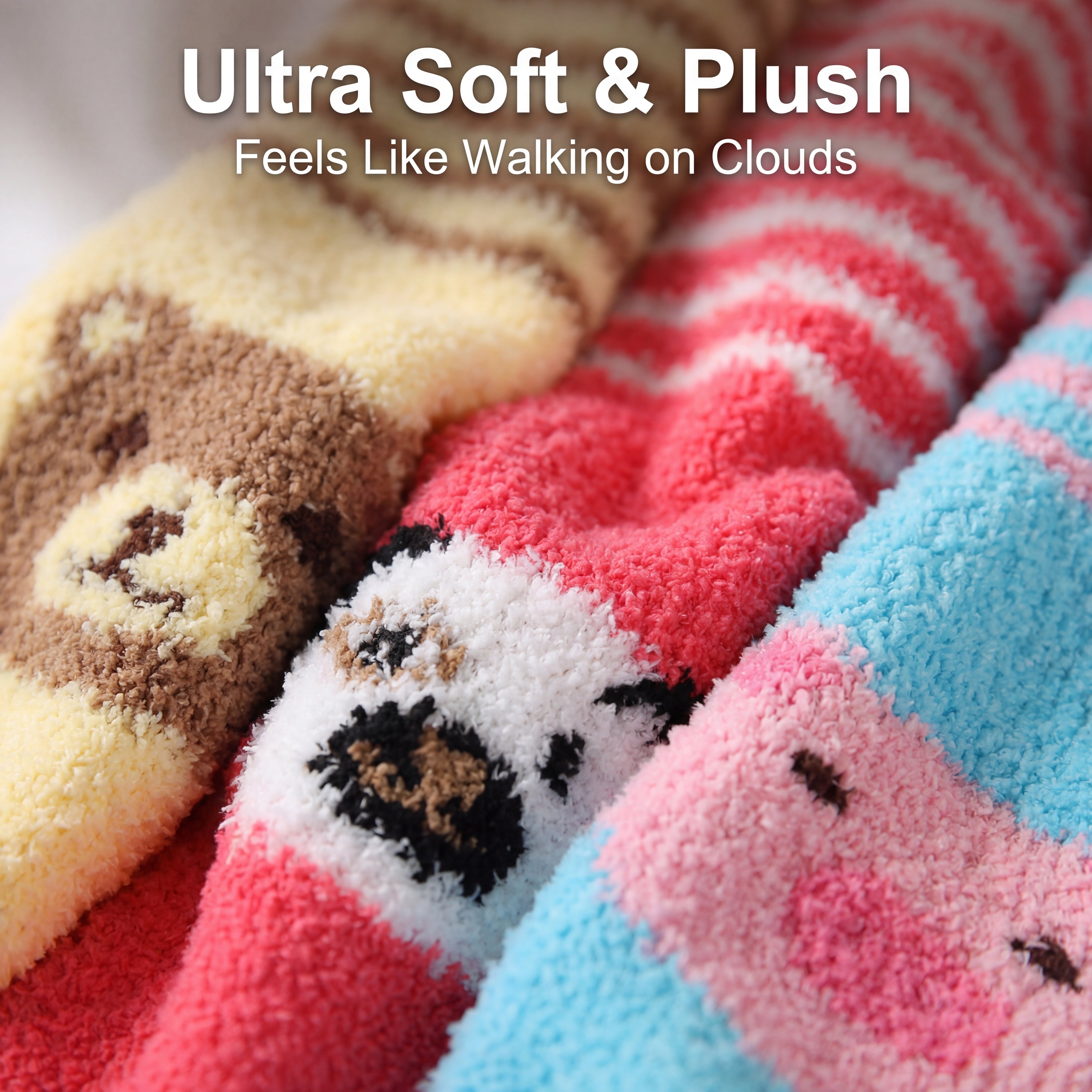 Colorful plush socks with text 'Ultra Soft & Plush Feels Like Walking on Clouds' on a blurred background