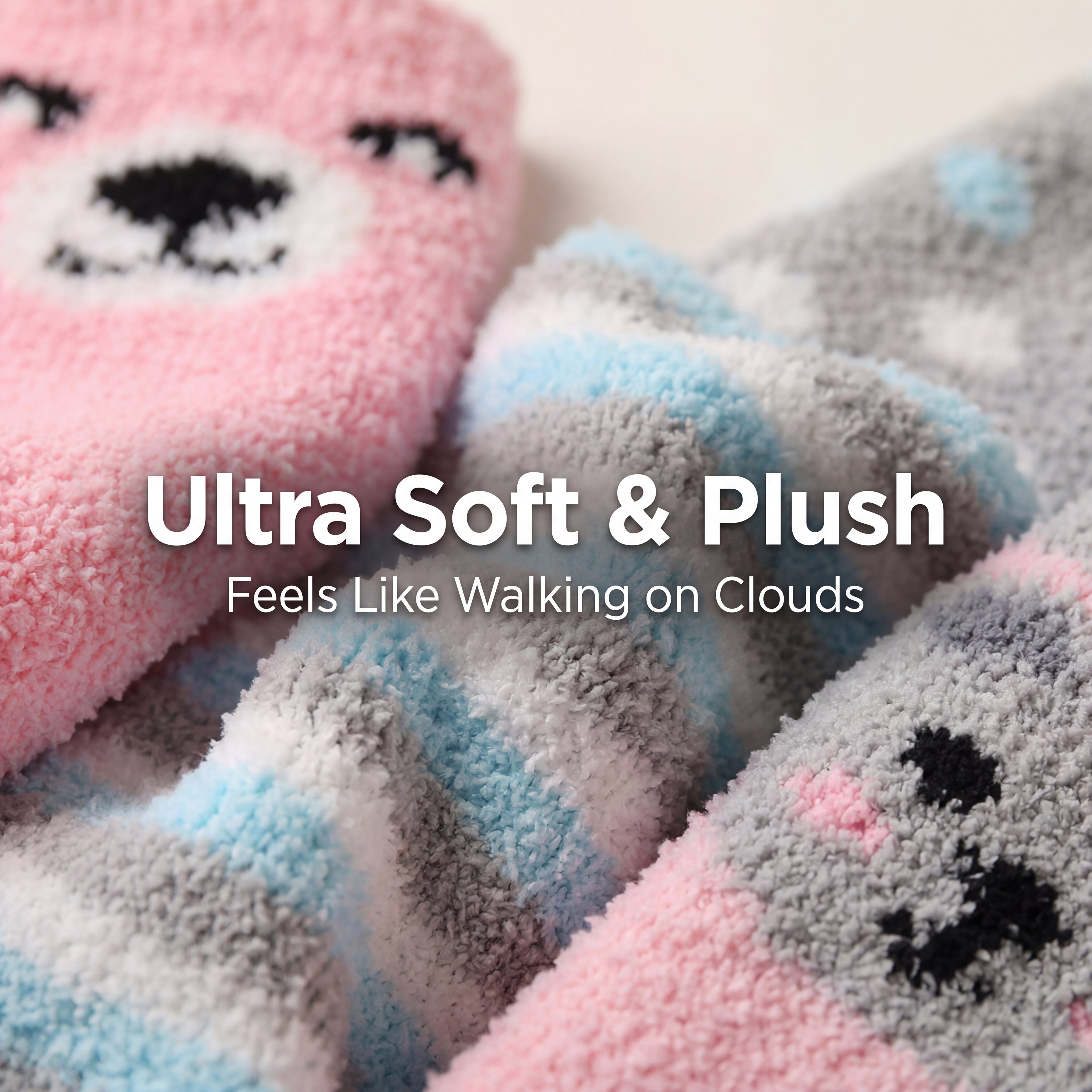 Plush toys with text 'Ultra Soft & Plush Feels Like Walking on Clouds' on a light background
