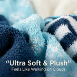 Close-up of blue and white checkered fabric with 'Ultra Soft & Plush' text.