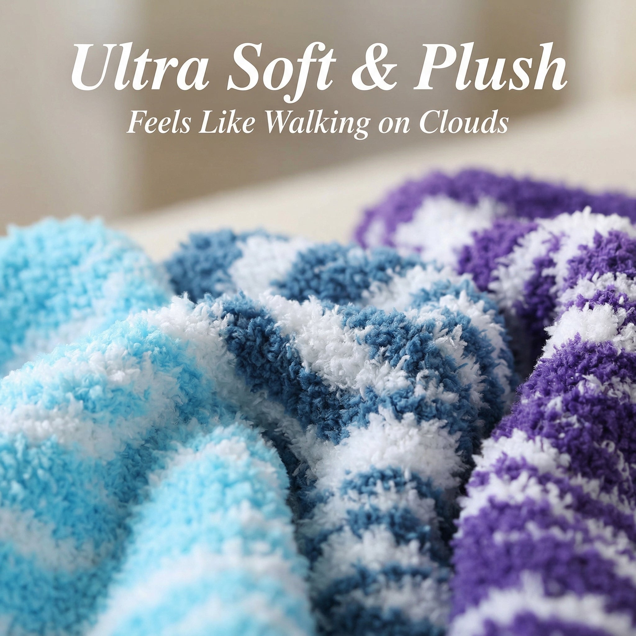 Ultra soft and plush blanket with blue and purple stripes, text 'Ultra Soft & Plush Feels Like Walking on Clouds'.