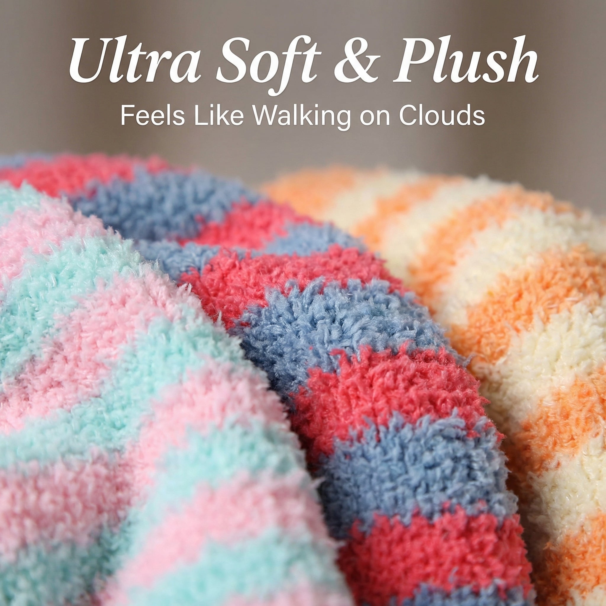 Close-up of a colorful blanket with text 'Ultra Soft & Plush Feels Like Walking on Clouds'.
