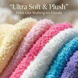 Stack of ultra soft and plush fabrics in various colors with text 'Ultra Soft & Plush' and 'Feels Like Walking on Clouds'.