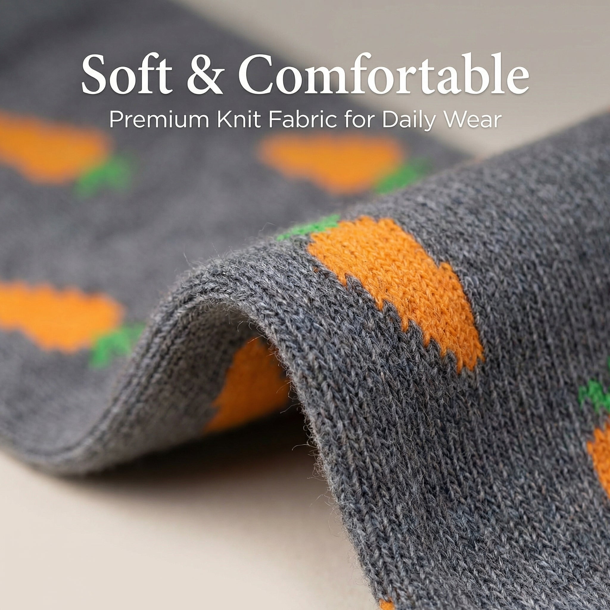 Gray socks with orange carrot designs on a light background, labeled 'Soft & Comfortable Premium Knit Fabric for Daily Wear'.