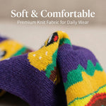 Colorful socks with a pattern on a neutral background, labeled 'Soft & Comfortable Premium Knit Fabric for Daily Wear'.